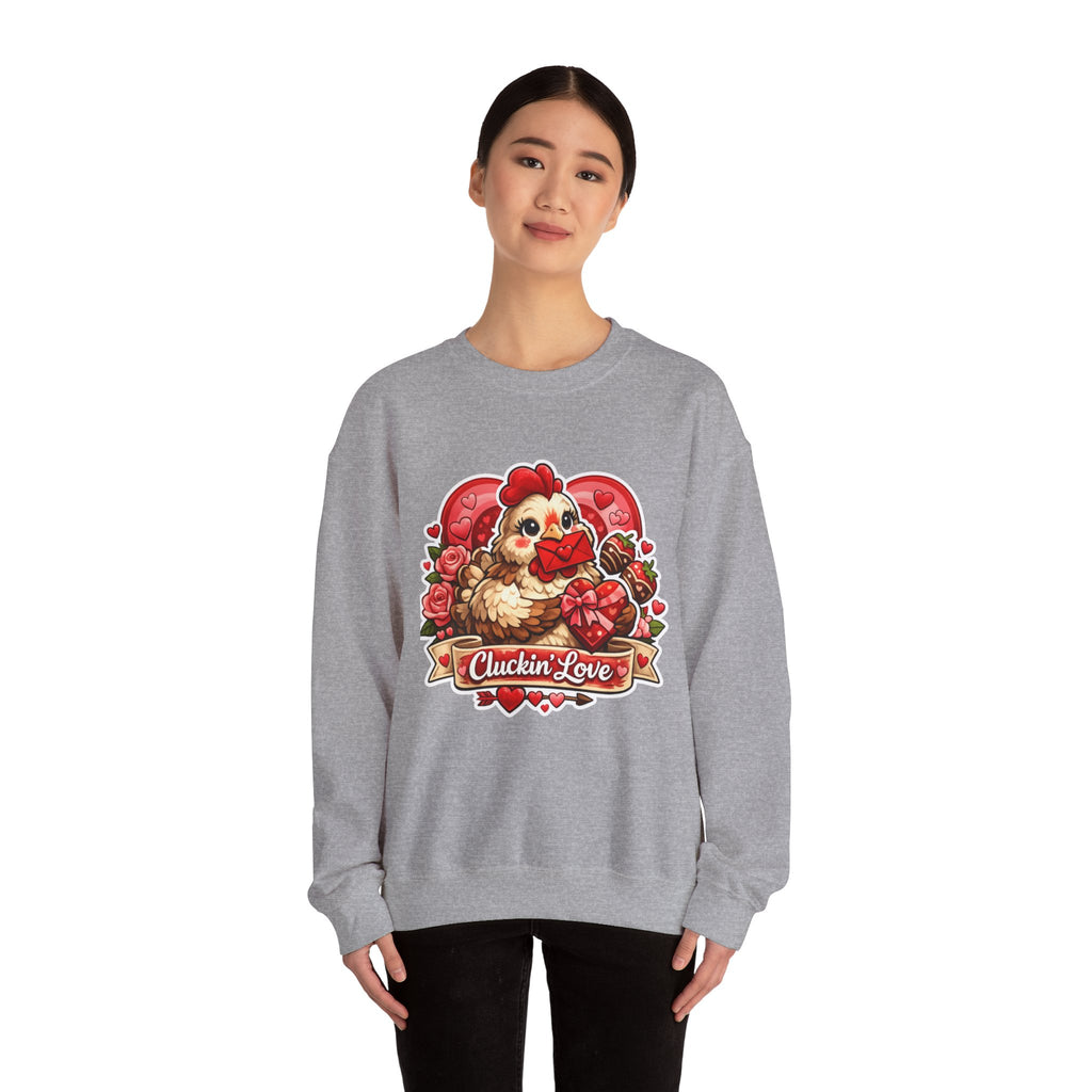 Crewneck Sweatshirt — "Cluckin' Love" Cute Chicken Valentine Design