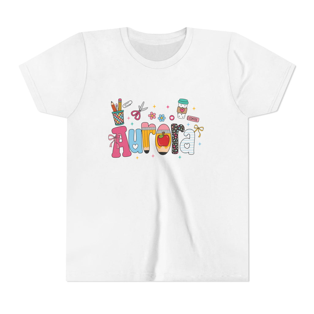 Aurora Kids' Name Tee — Colorful School Supplies Graphic Youth T-Shirt