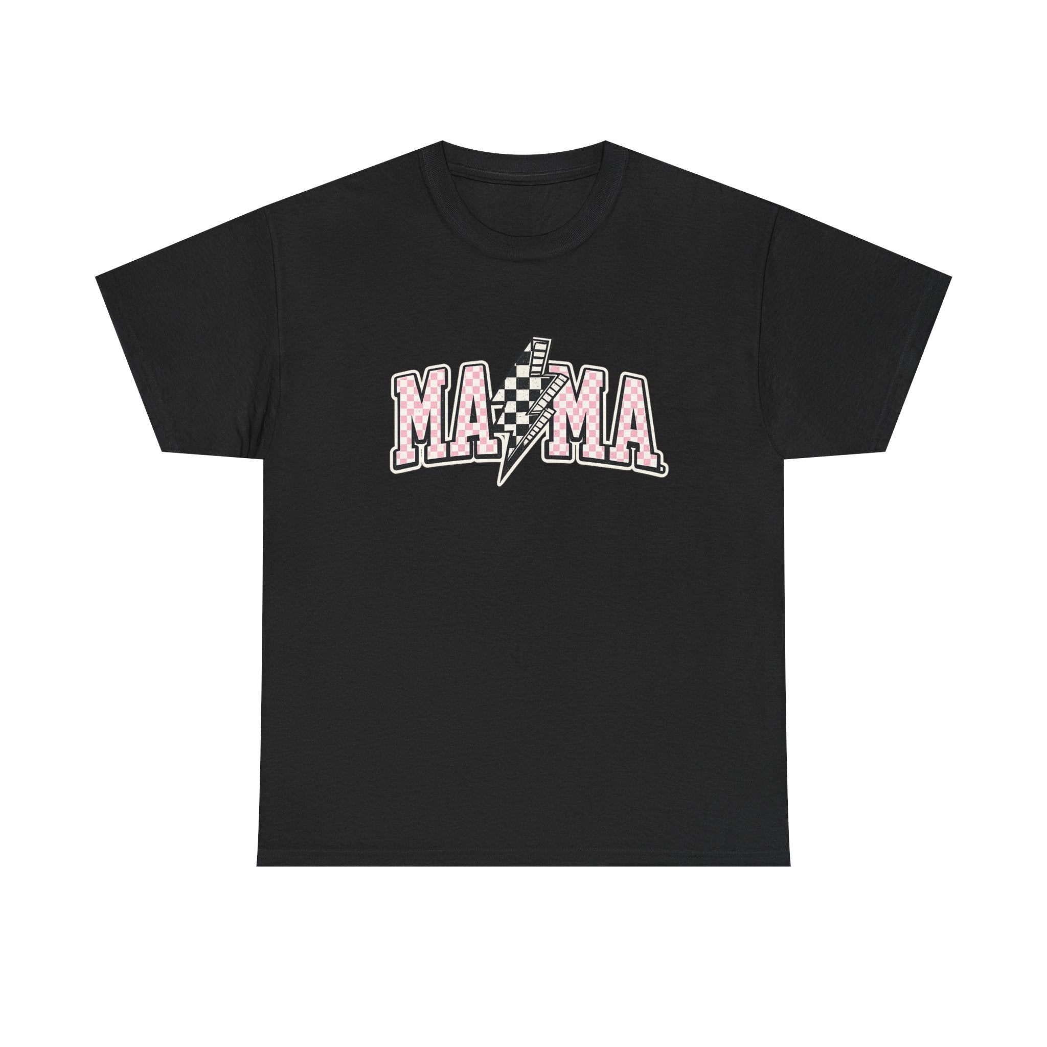 Mama Lightning Bolt Graphic Tee — Pink Checkered "MAMA" Shirt