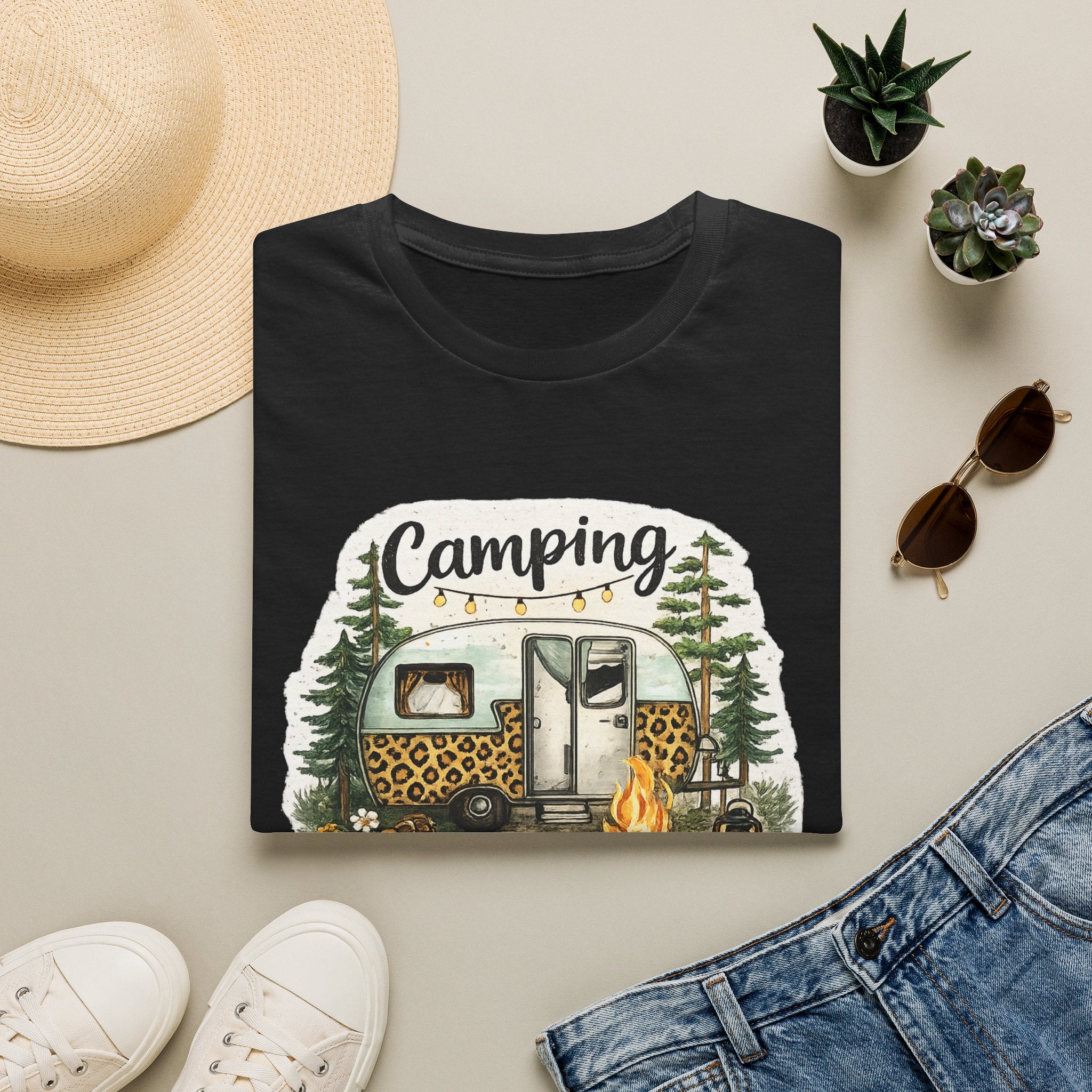 Camping Is My Happy Place T‑Shirt — Leopard Camper Graphic Tee