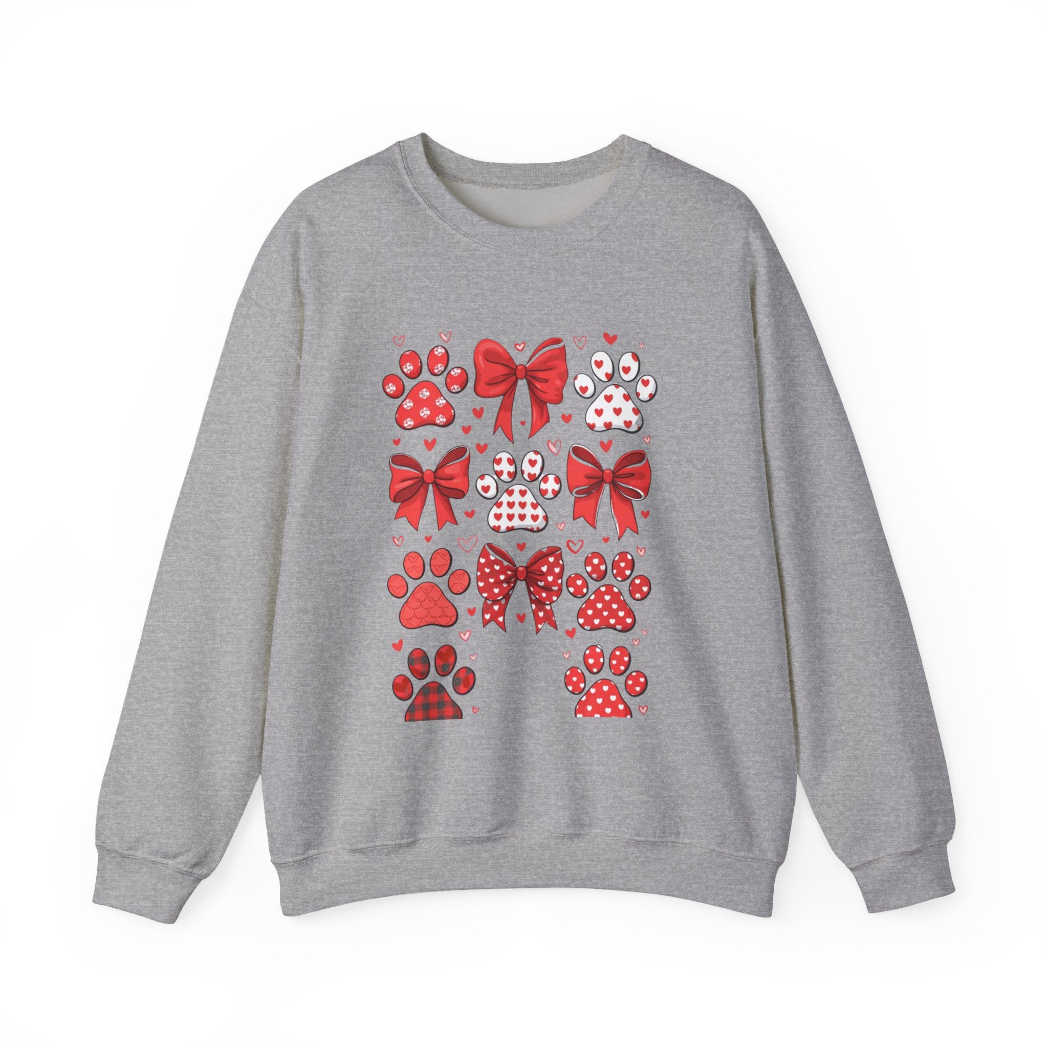 Valentine Paw Print Crewneck Sweatshirt — Red Bows & Hearts Pet Lover Pullover