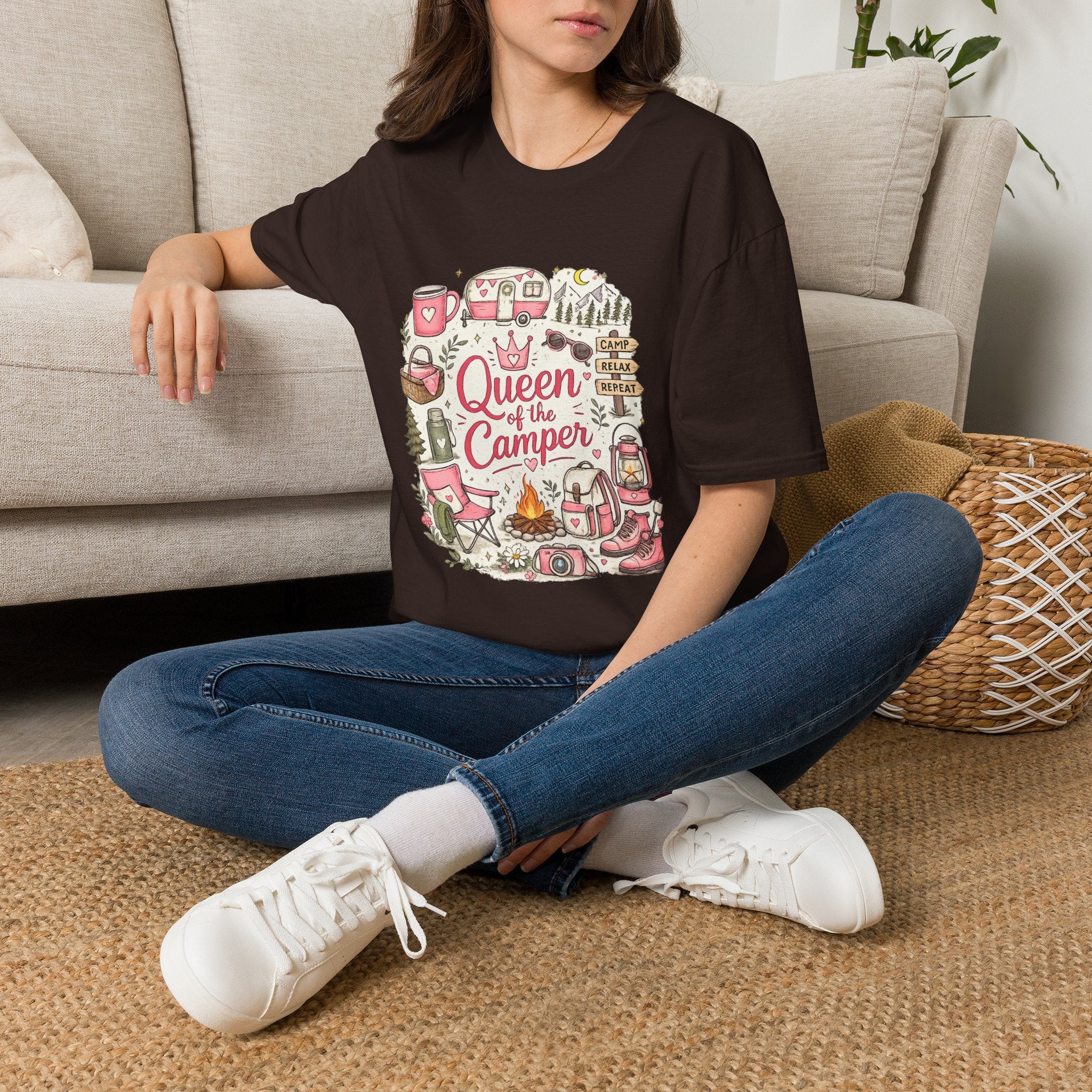 Queen of the Camper T-Shirt — Cute Pink Camping RV Graphic Tee for Women