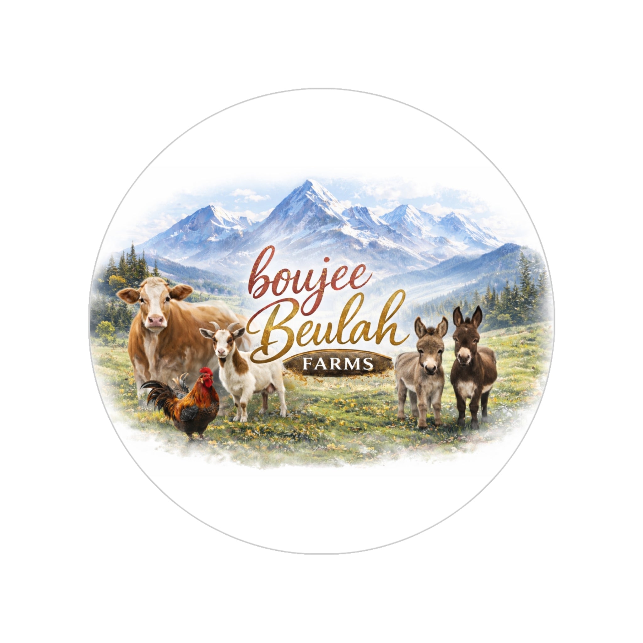 Round Outdoor Sticker — 'Boujee Beulah Designs' Farm Animals & Mountain Logo