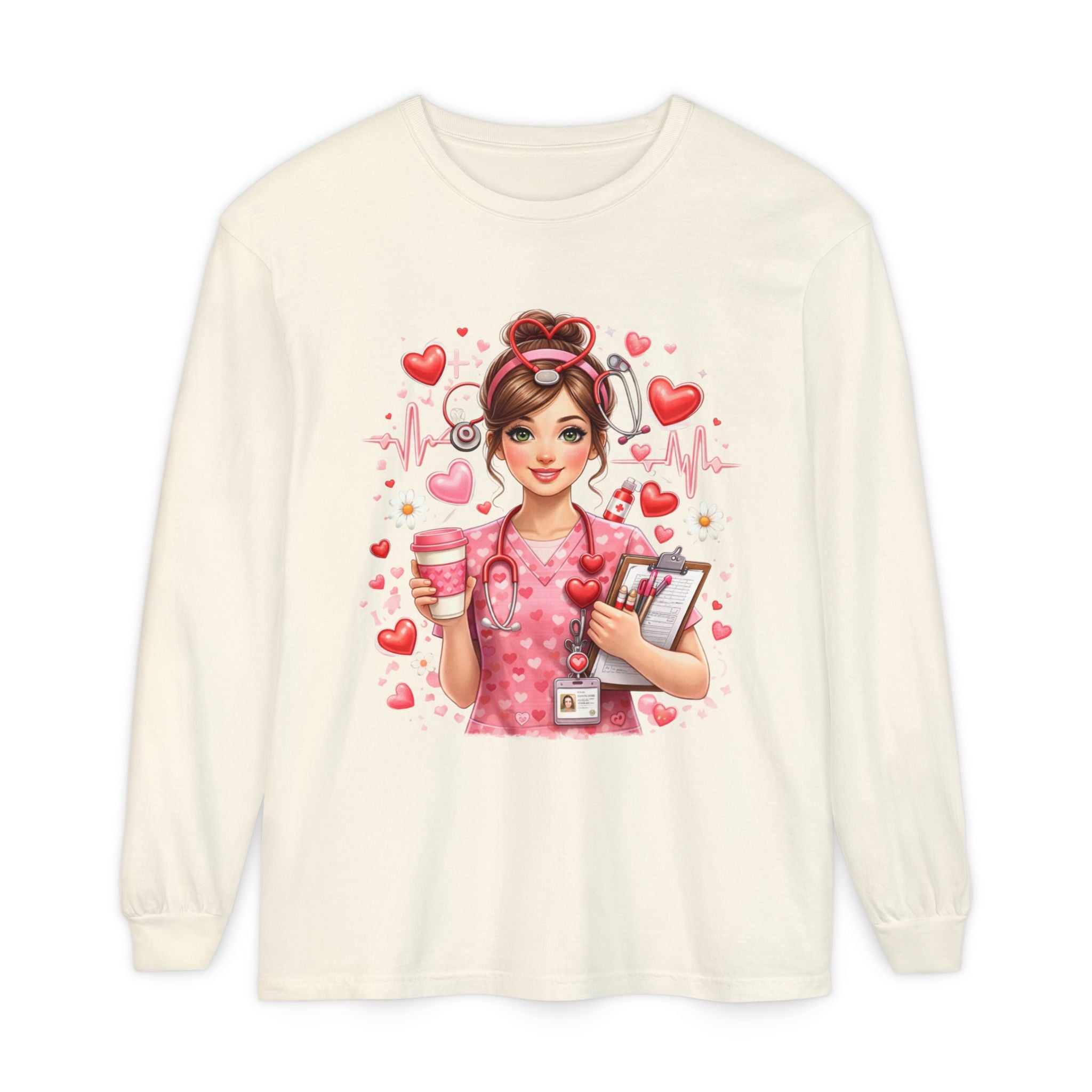 Nurse Love Long Sleeve T-Shirt — Cute Heartbeat Healthcare Graphic
