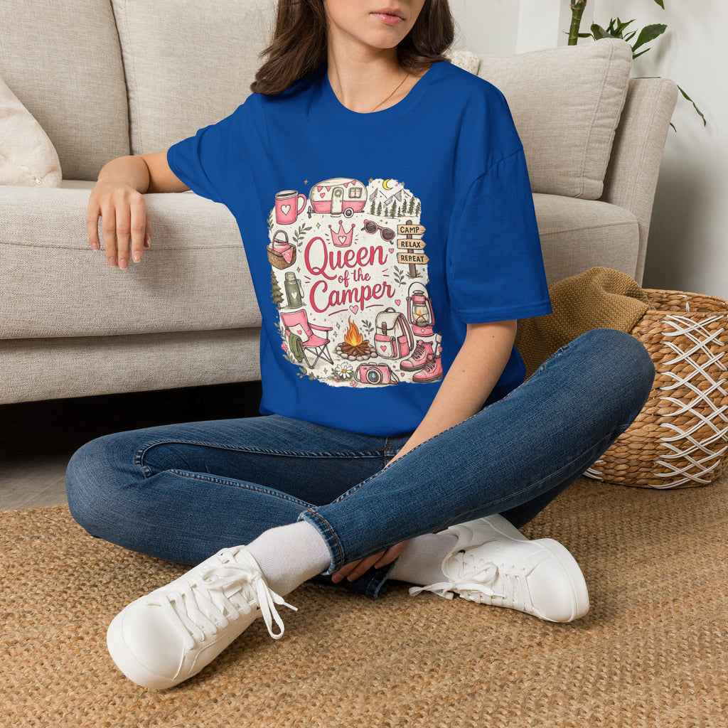 Queen of the Camper T-Shirt — Cute Pink Camping RV Graphic Tee for Women