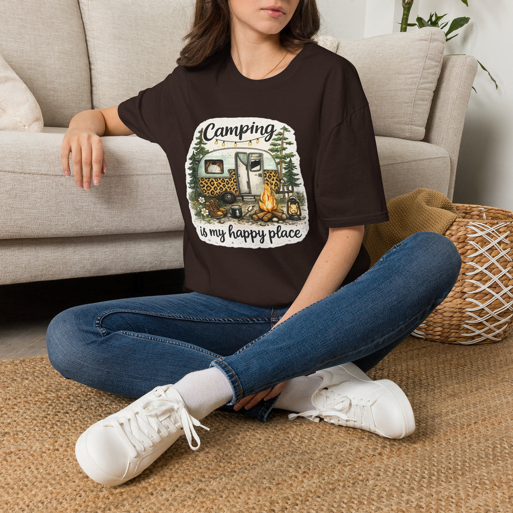 Camping Is My Happy Place T‑Shirt — Leopard Camper Graphic Tee