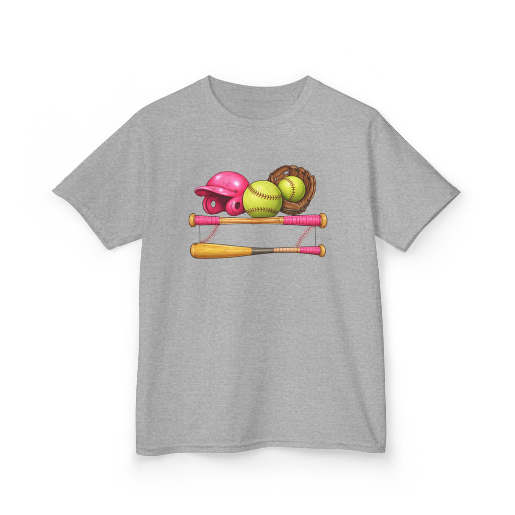 Kids Softball Gear T-Shirt — Pink Helmet, Bat & Glove Baseball Design