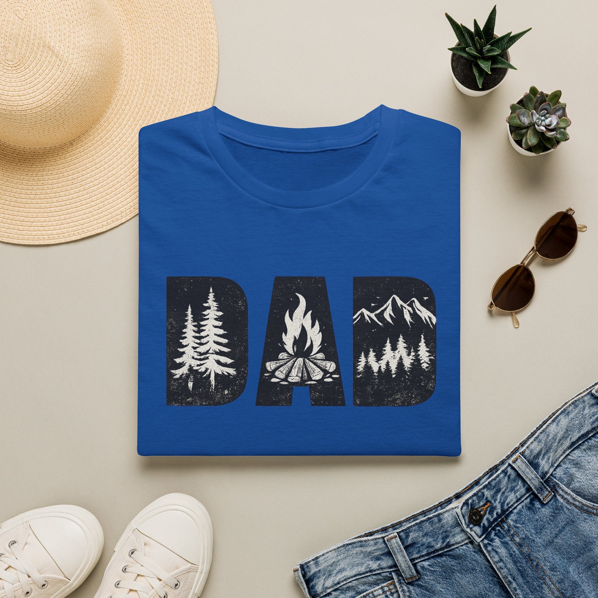 Dad Camping T-Shirt — Rustic Outdoors Father’s Day Shirt (DAD with Trees, Campfire & Mountains)