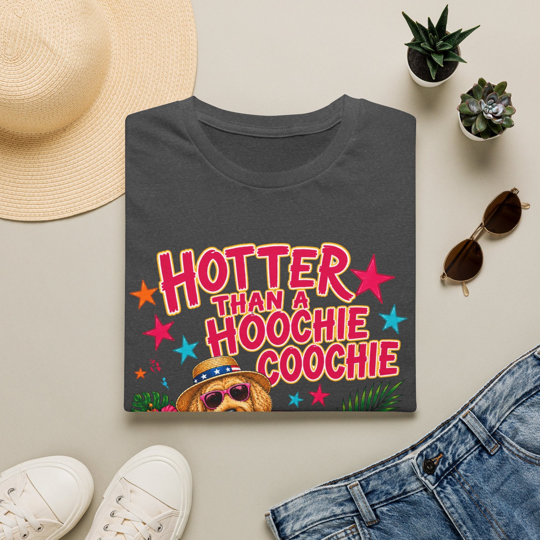 T-Shirt — "Hotter Than a Hoochie Coochie" Summer Graphic Tee (Beachy Dog Design)
