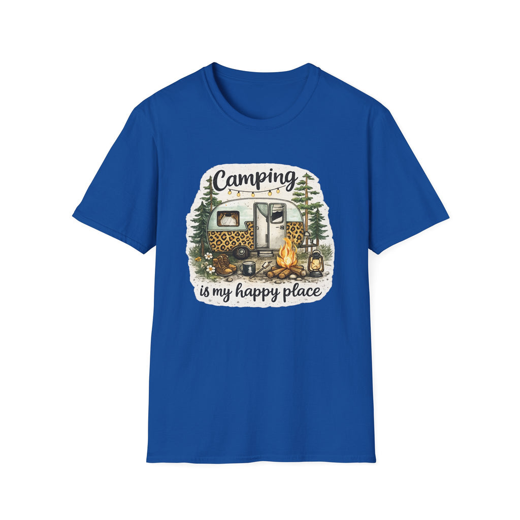 Camping Is My Happy Place T‑Shirt — Leopard Camper Graphic Tee
