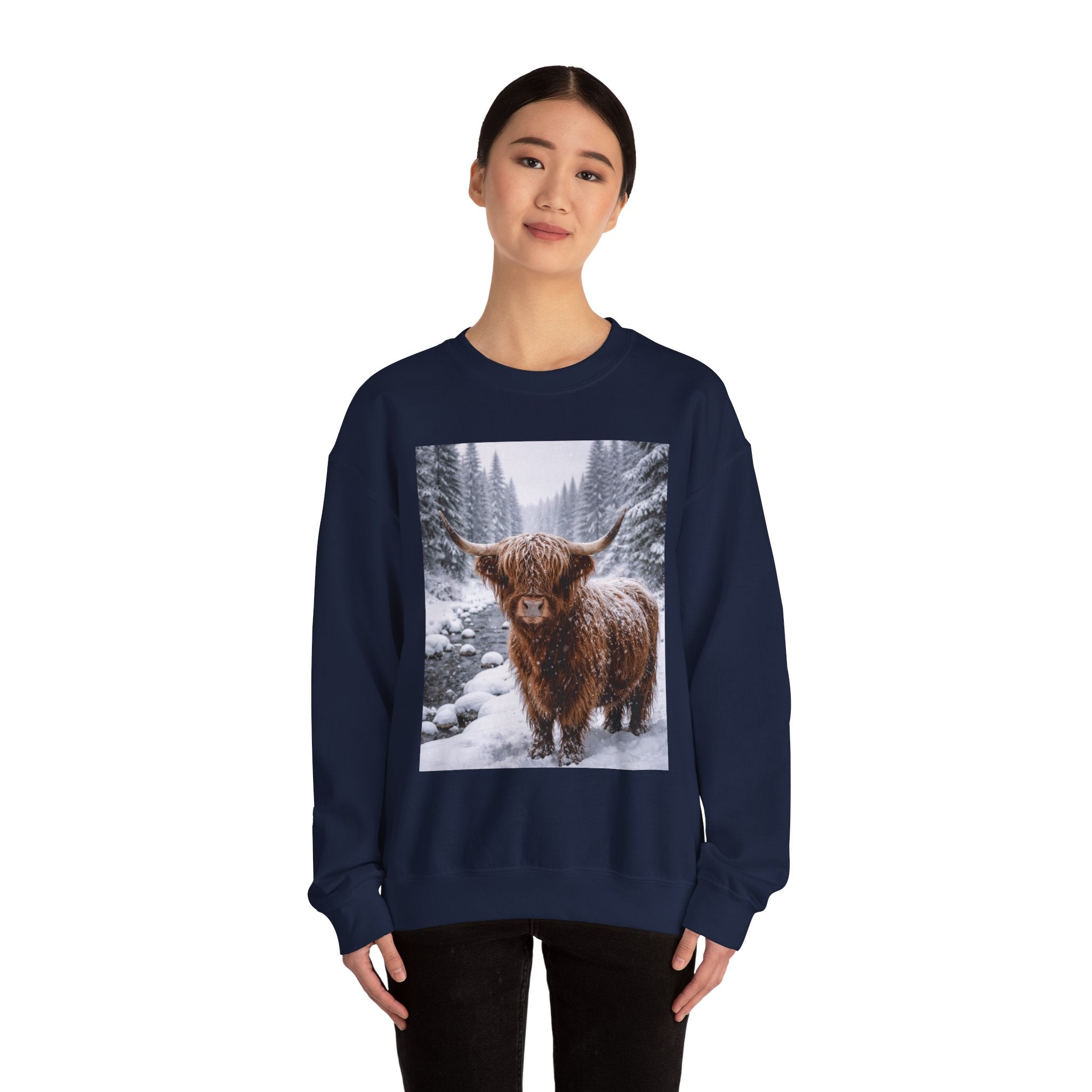 Highland Cow in Snow Crewneck Sweatshirt - Cozy Winter Forest Highlander Graphic