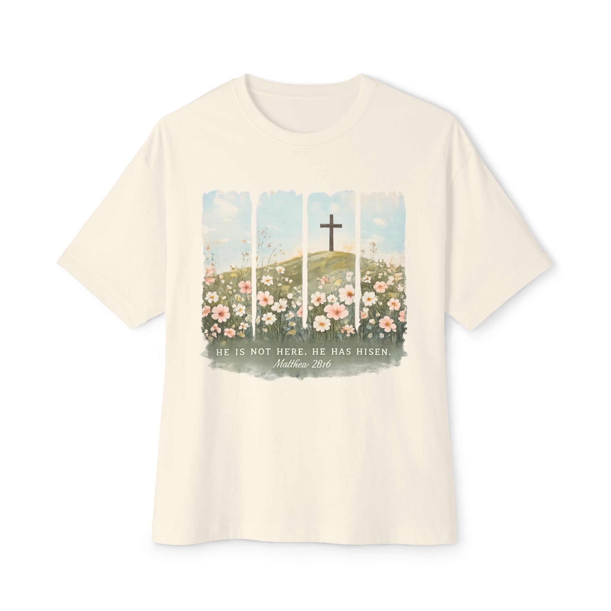 Easter Cross Tee — “He Is Not Here, He Has Risen” Floral Graphic Shirt