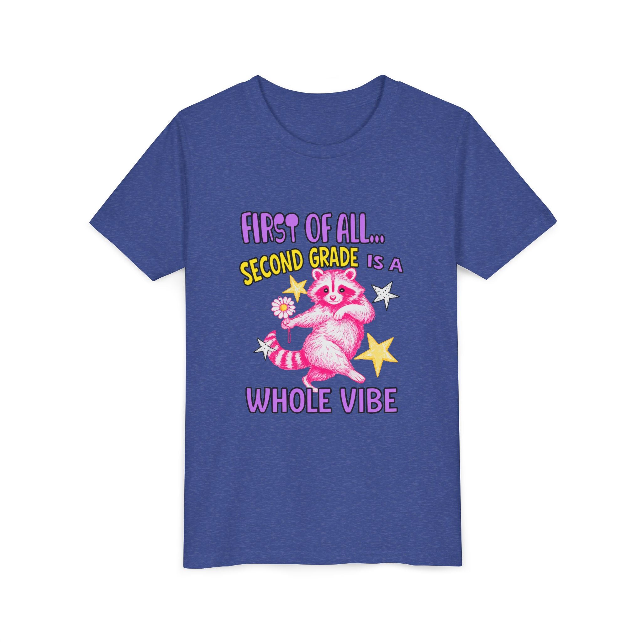 Youth Tee — "First of All... Second Grade Is a Whole Vibe" Pink Raccoon Back-to-School Shirt