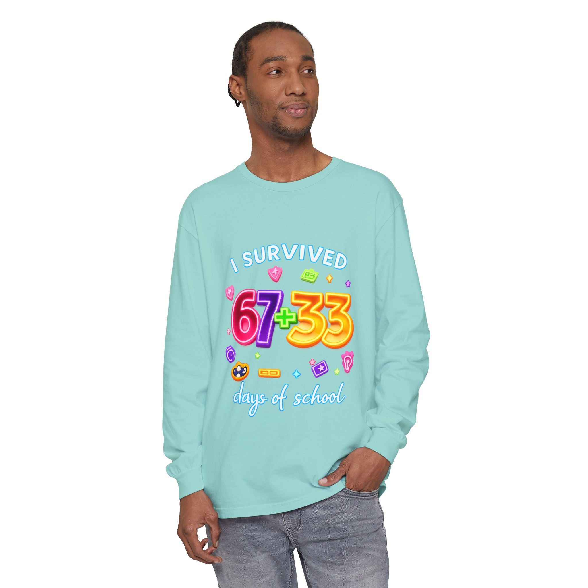 Long Sleeve T‑Shirt "I Survived 67+33 Days of School" — Cute Colorful End‑of‑School Celebration Tee