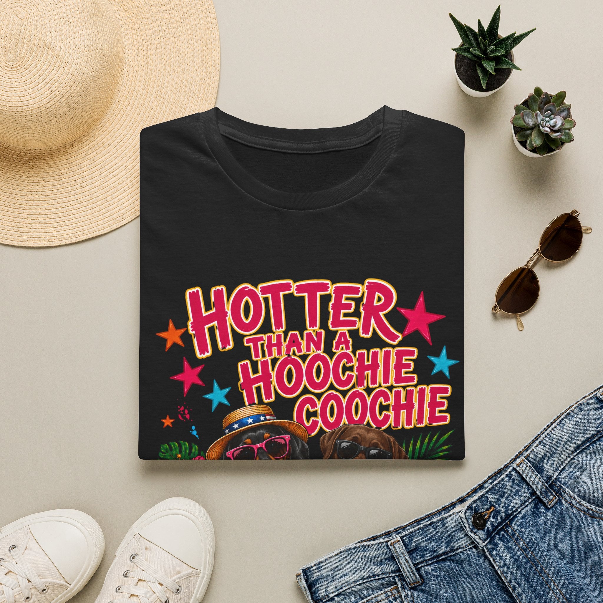 Hotter Than a Hoochie Coochie T-Shirt — Funny Summer Graphic Tee with Dogs