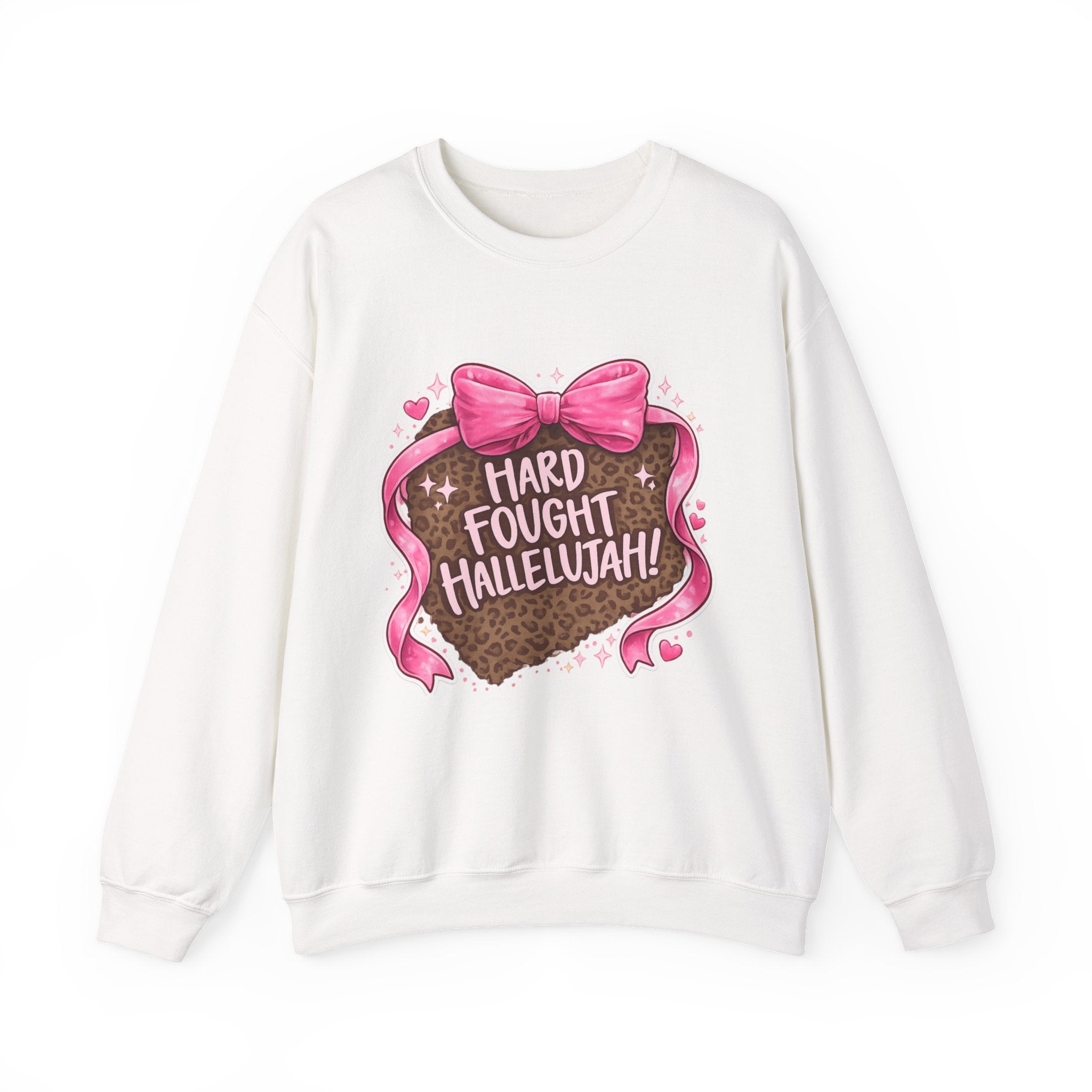 Crewneck Sweatshirt — "Hard Fought Hallelujah" Heart Graphic (Pink Bow, Leopard Print)