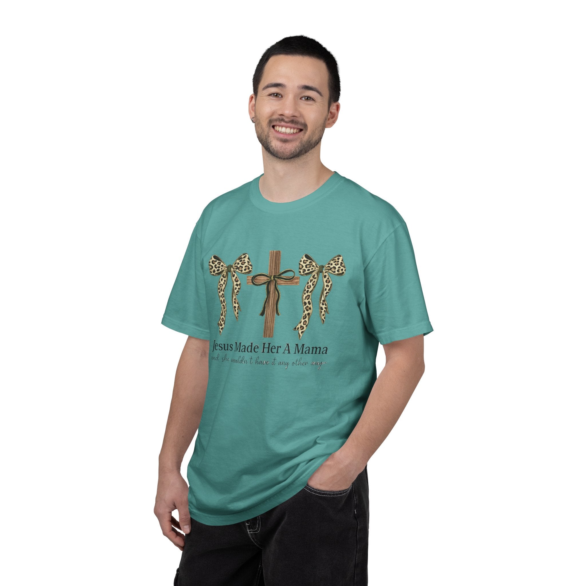 Jesus Made Her a Mama Cross T‑Shirt — Leopard Bow Christian Mother's Day Tee
