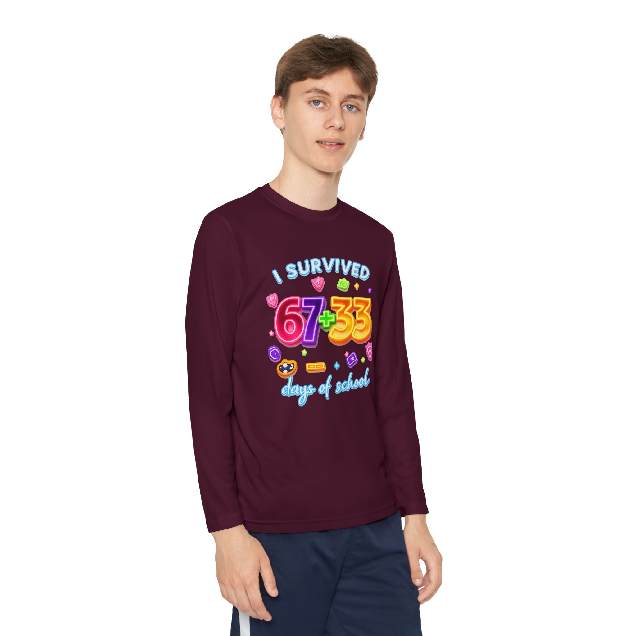 Youth Long Sleeve Tee — "I Survived 67+33 Days of School" Colorful Celebration Shirt