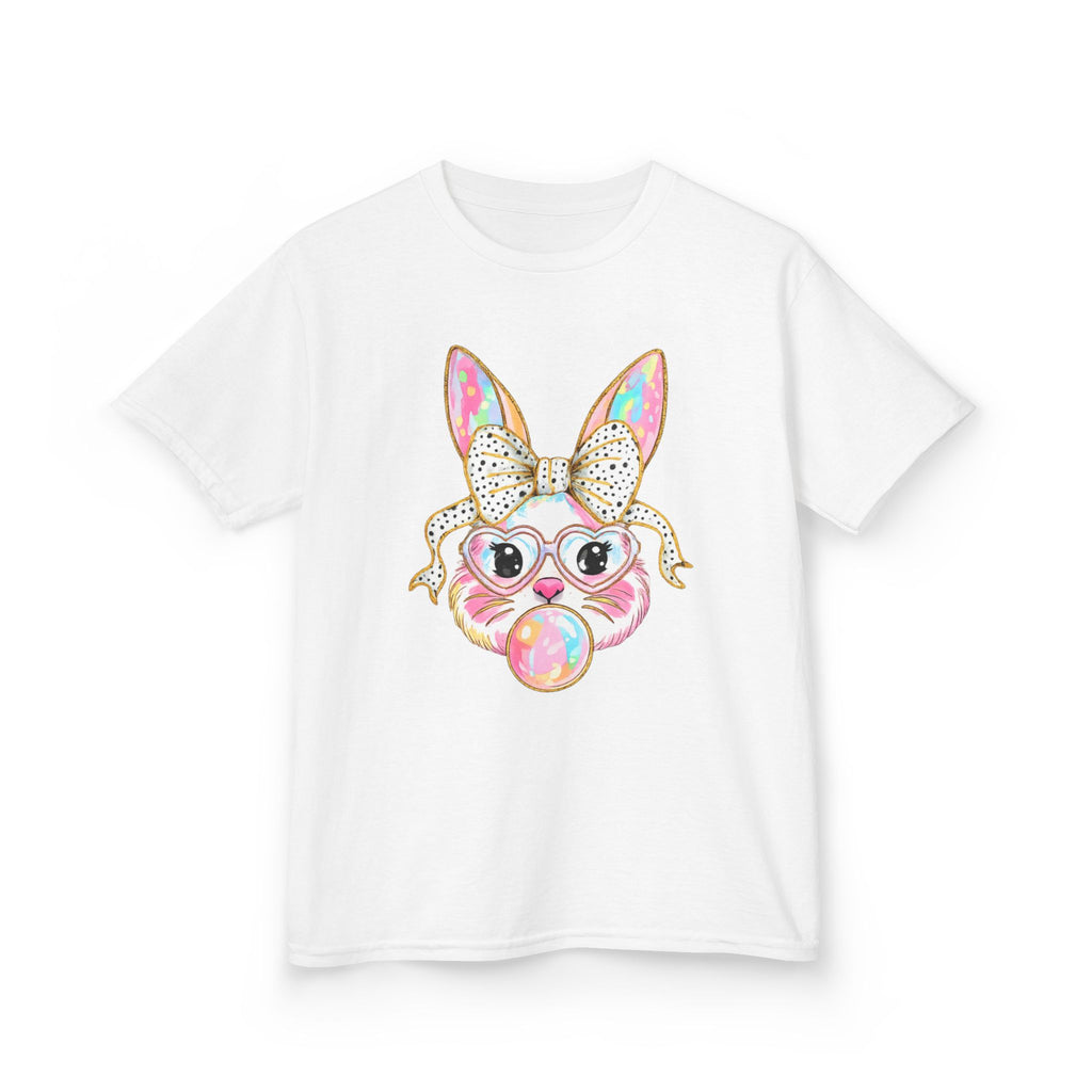Kids Bunny Bubblegum Tee — Cute Bunny with Bow & Glasses Kids T-Shirt