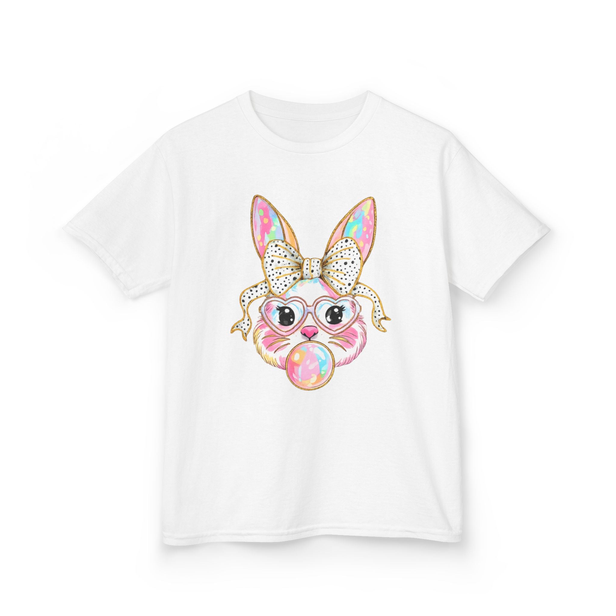 Kids Bunny Bubblegum Tee — Cute Bunny with Bow & Glasses Kids T-Shirt