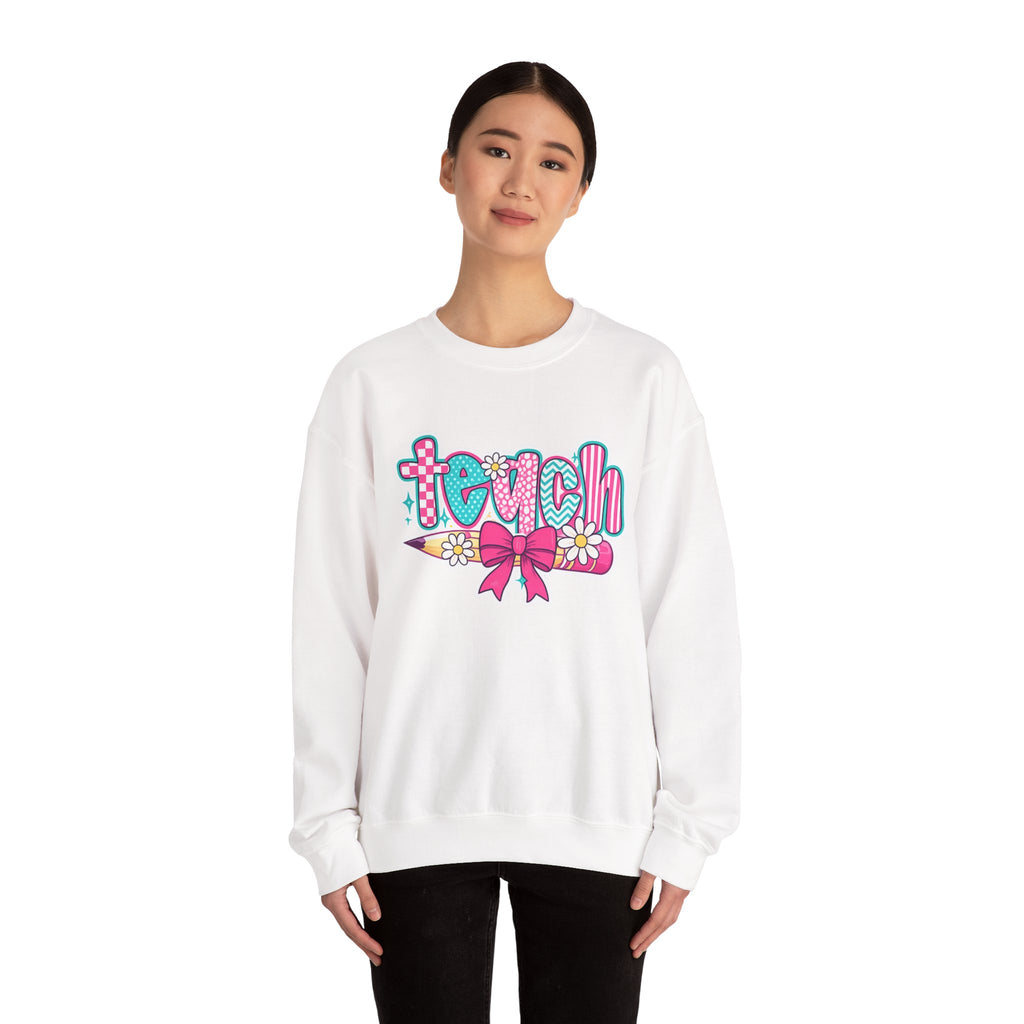 Teacher Pencil Crewneck Sweatshirt — "Teach" Floral School Spirit Pullover