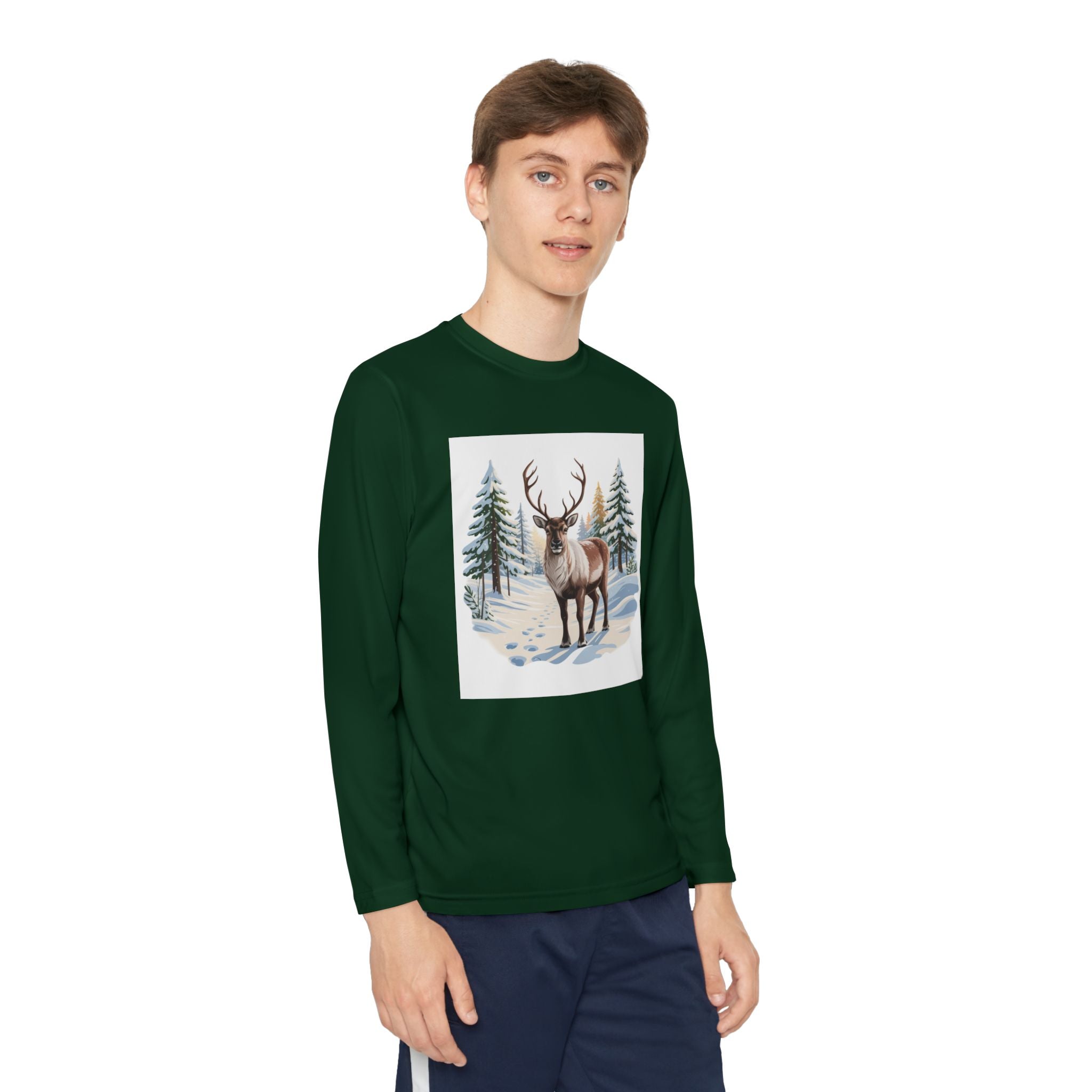 Youth Long Sleeve Tee — Winter Deer Forest Graphic