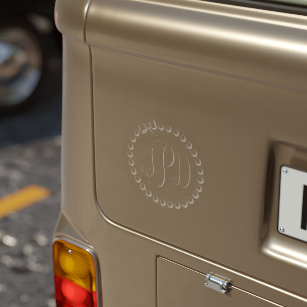 Monogram Round Outdoor Sticker — Elegant Pearled 'PD' Design (Transparent)
