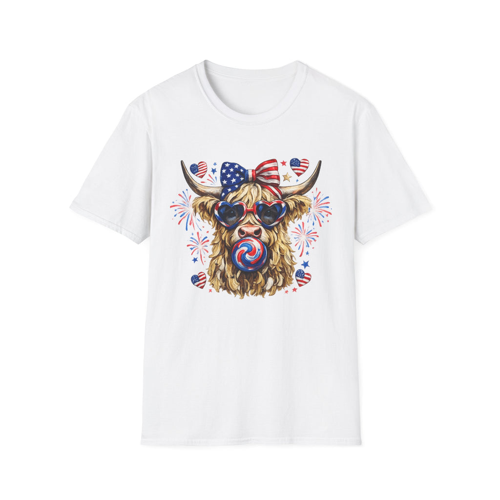 Patriotic Highland Cow T-Shirt — 4th of July American Flag Cow Tee