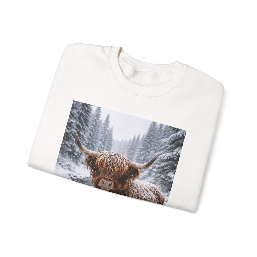 Highland Cow in Snow Crewneck Sweatshirt - Cozy Winter Forest Highlander Graphic