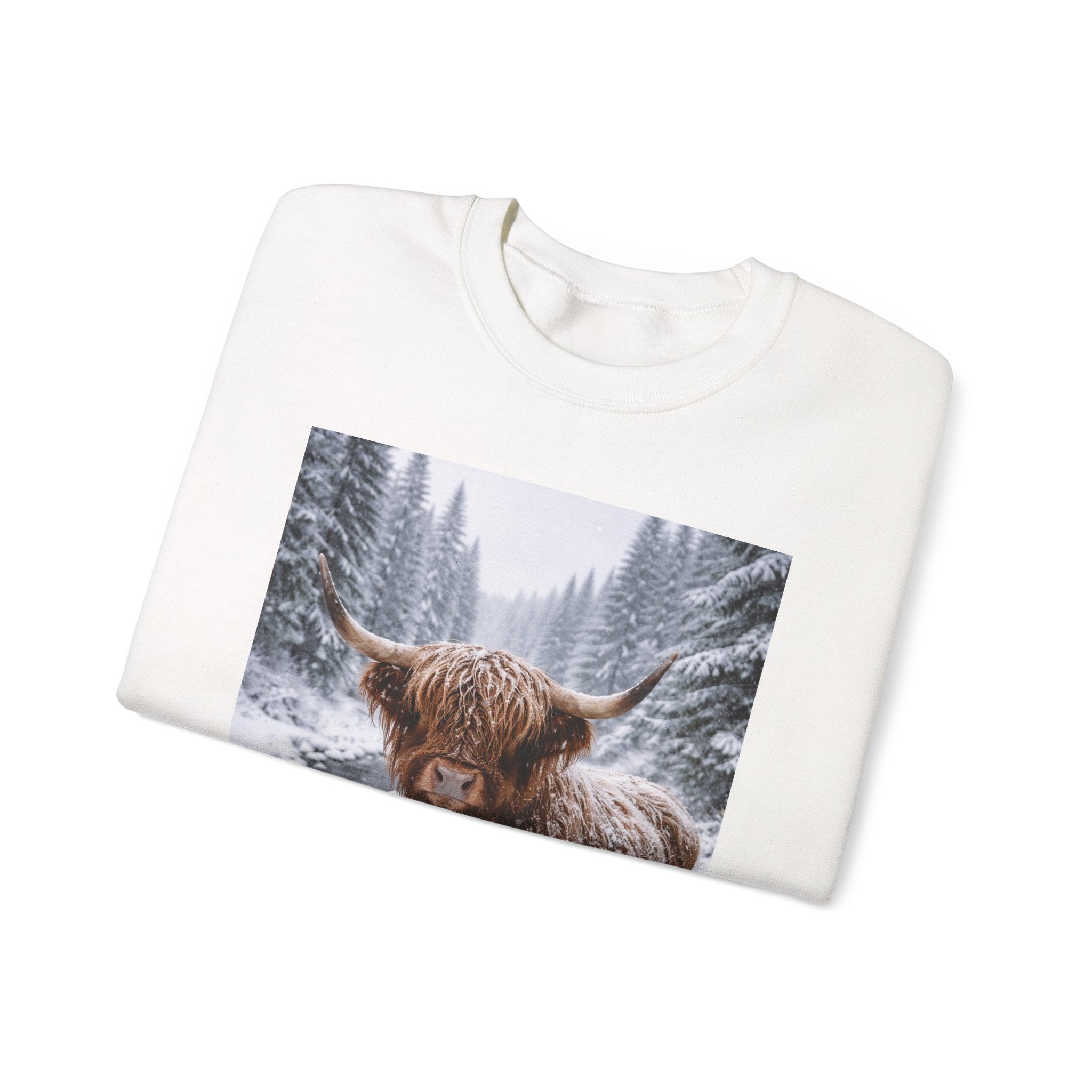 Highland Cow in Snow Crewneck Sweatshirt - Cozy Winter Forest Highlander Graphic