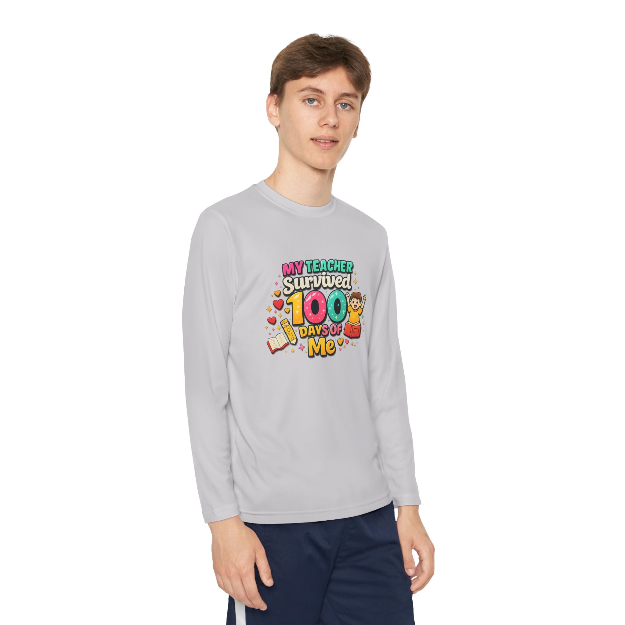 Kids Long Sleeve Tee — “My Teacher Survived 100 Days of Me” Colorful Celebration Shirt