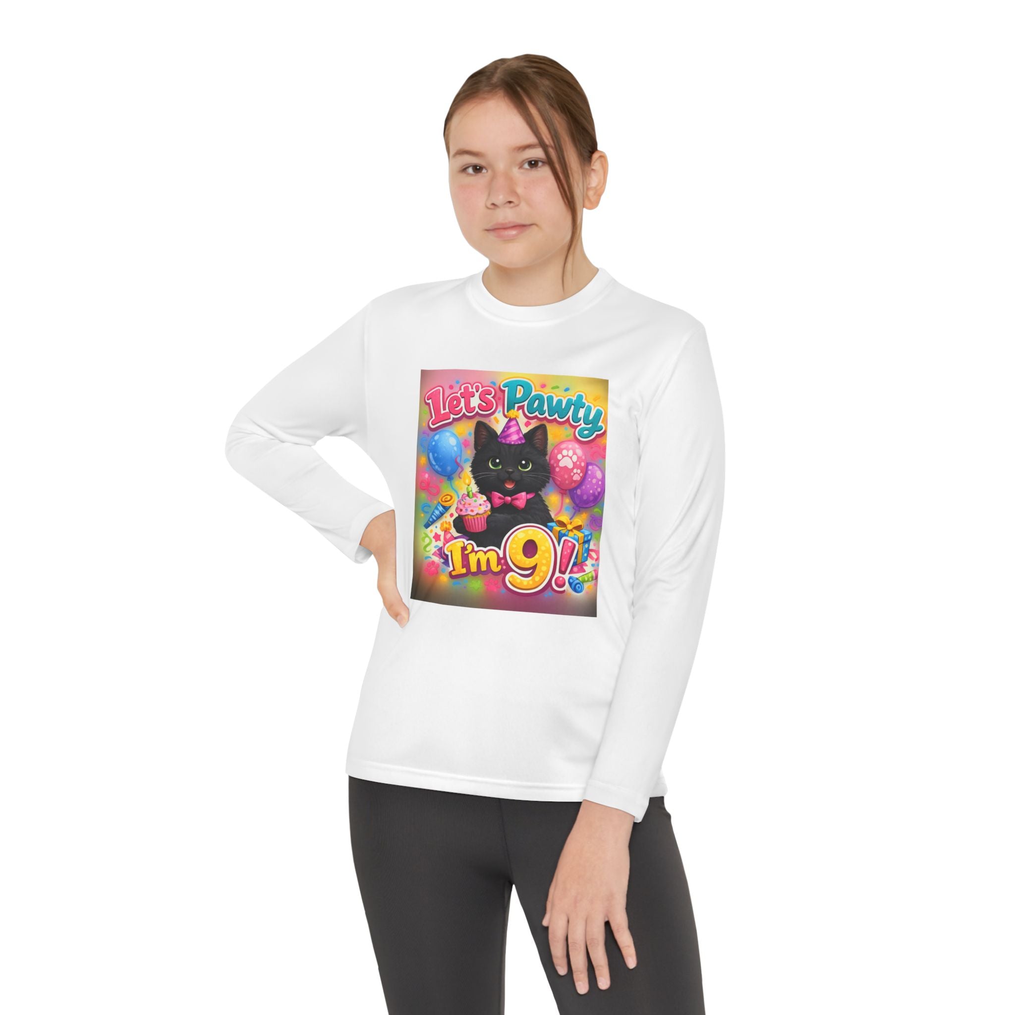 Kids' 9th Birthday Long Sleeve Tee — "Let's Pawty I'm 9!" Cat Birthday Shirt