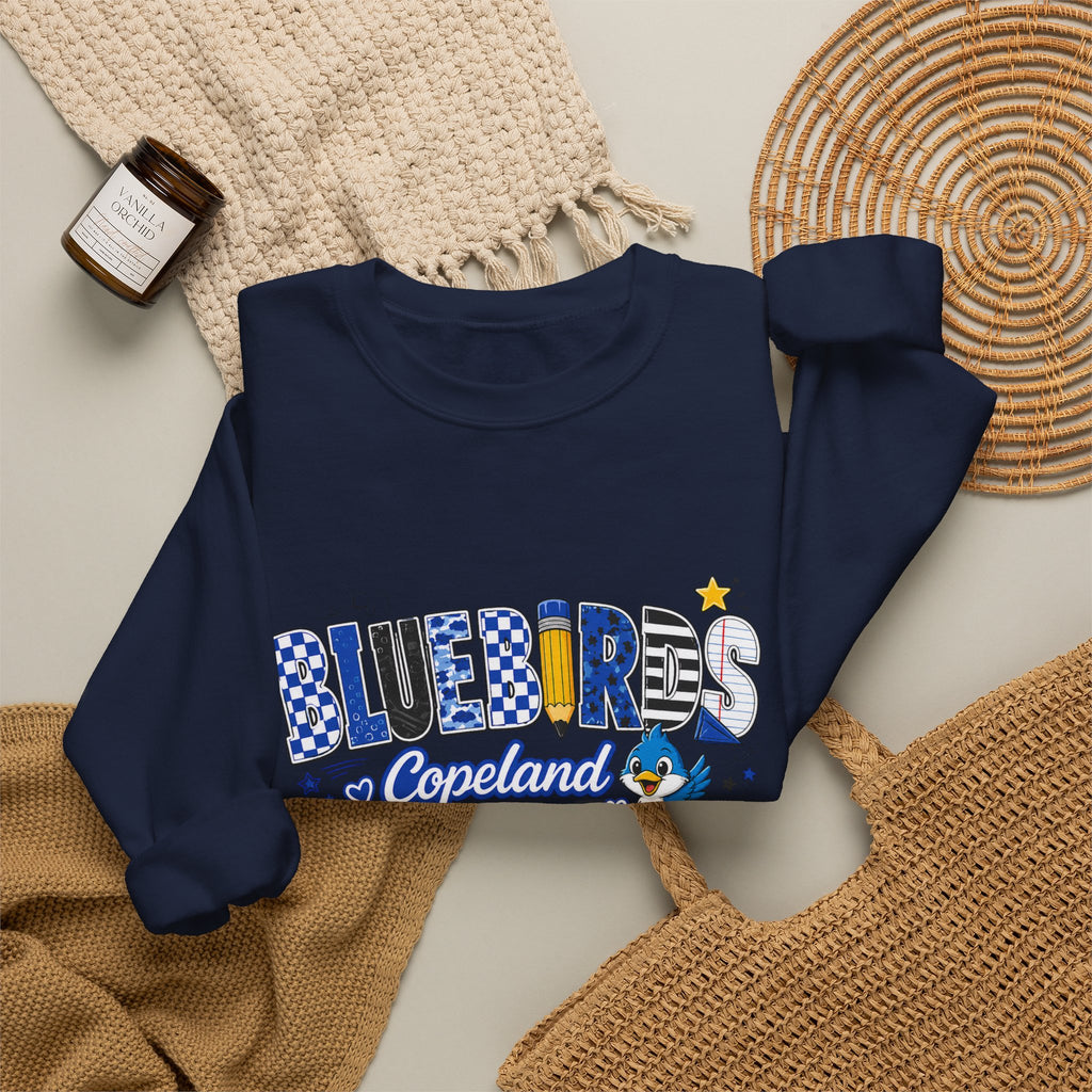 Blueires Copeland Crewneck Sweatshirt — Retro Blue Mascot School Spirit Pullover