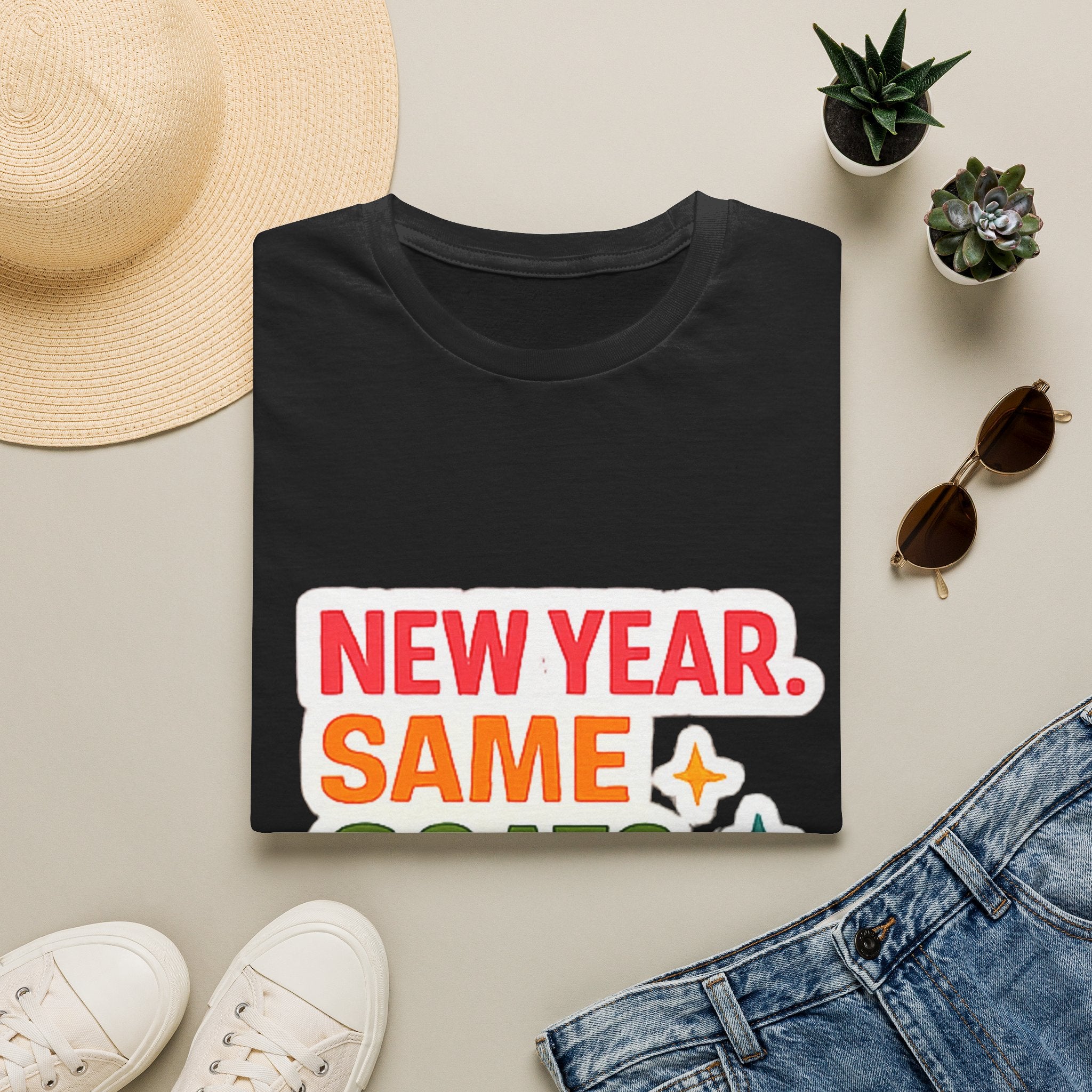 T‑Shirt — "New Year. Same Goats. No Cap." Colorful Graphic Tee for Goat Lovers & Funny New Year Celebrations