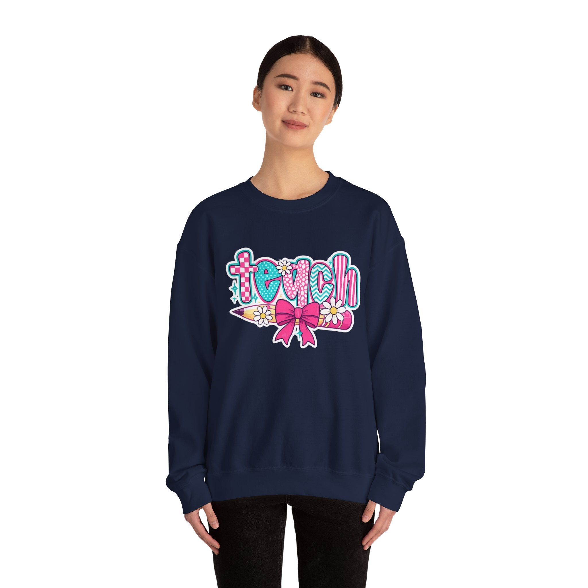 Teacher Pencil Crewneck Sweatshirt — "Teach" Floral School Spirit Pullover