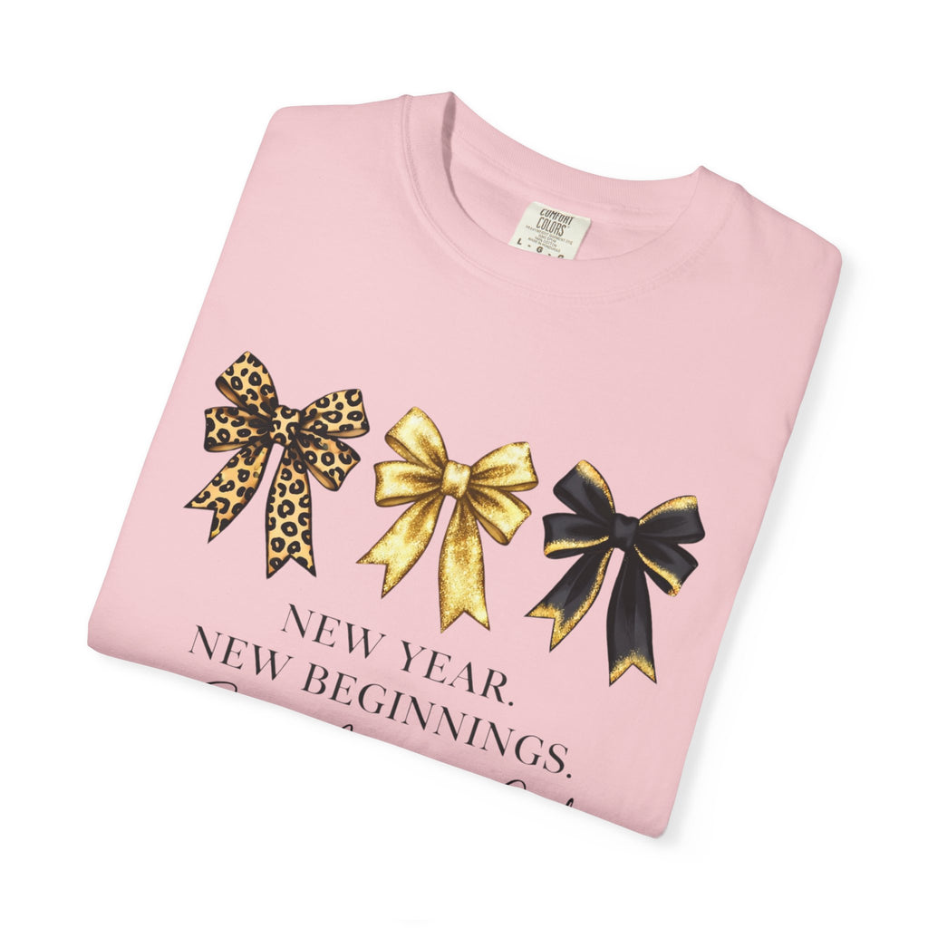 T-Shirt — "New Year, New Beginnings" Gold & Black Bow Graphic Tee