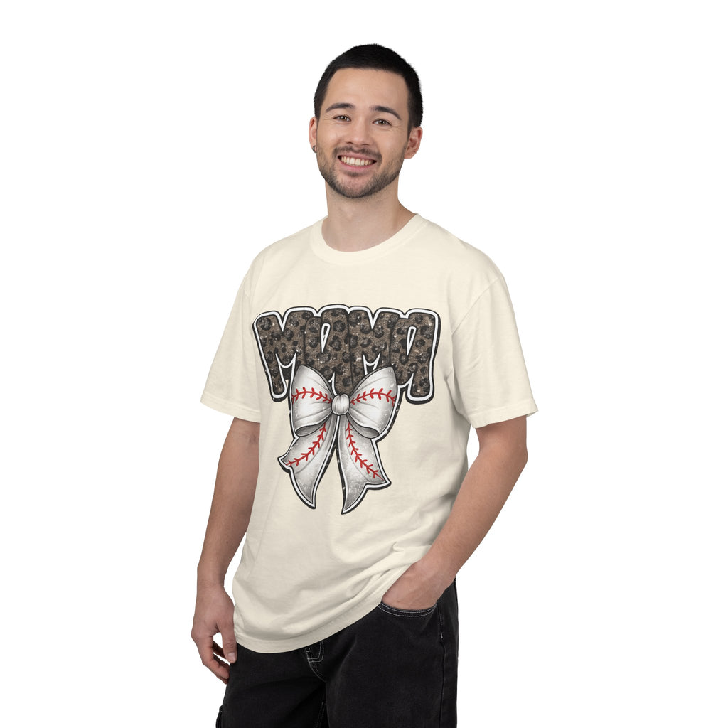 Baseball Mom T-Shirt — Camo Lettering with Baseball Bow