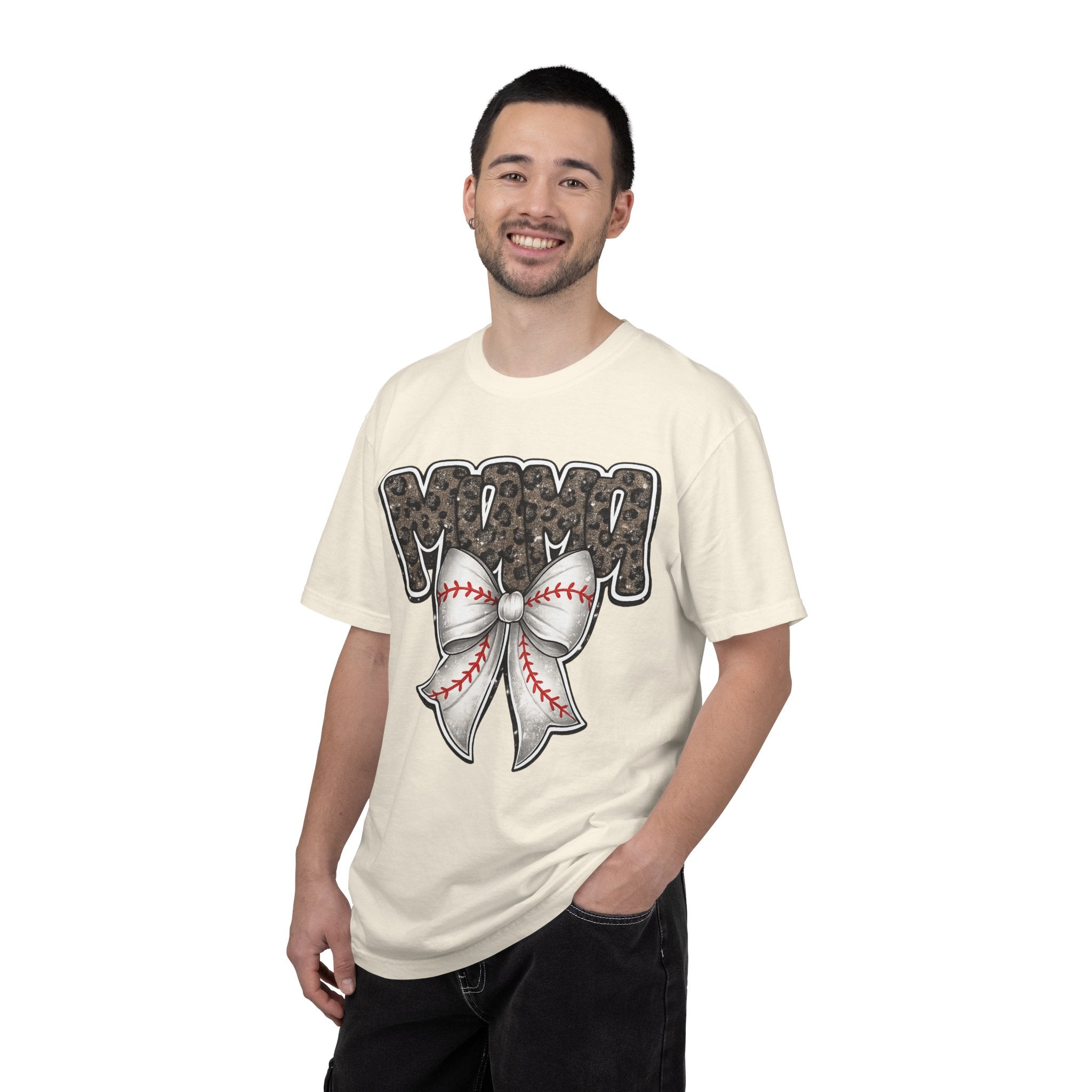 Baseball Mom T-Shirt — Camo Lettering with Baseball Bow