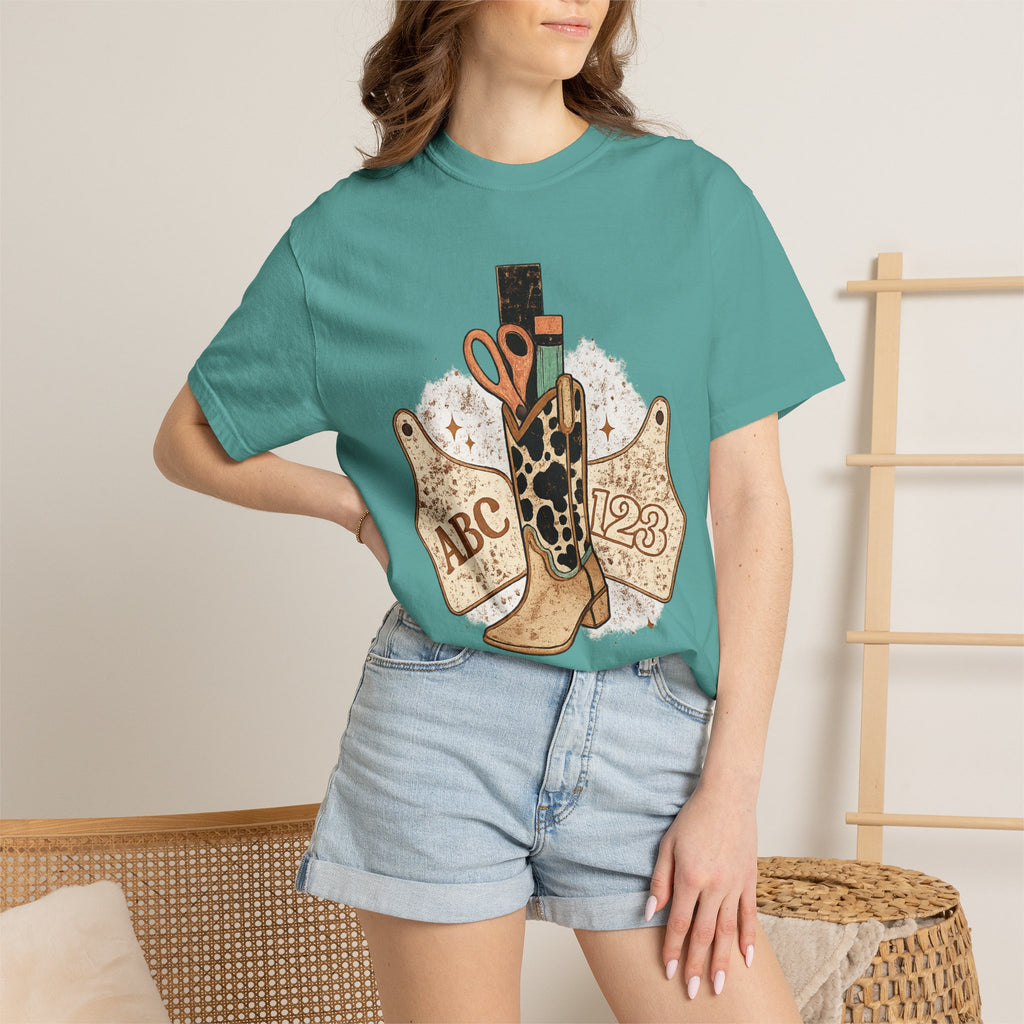 Teacher Cowgirl Boot T-Shirt – ABC 123 Classroom Scissors Design