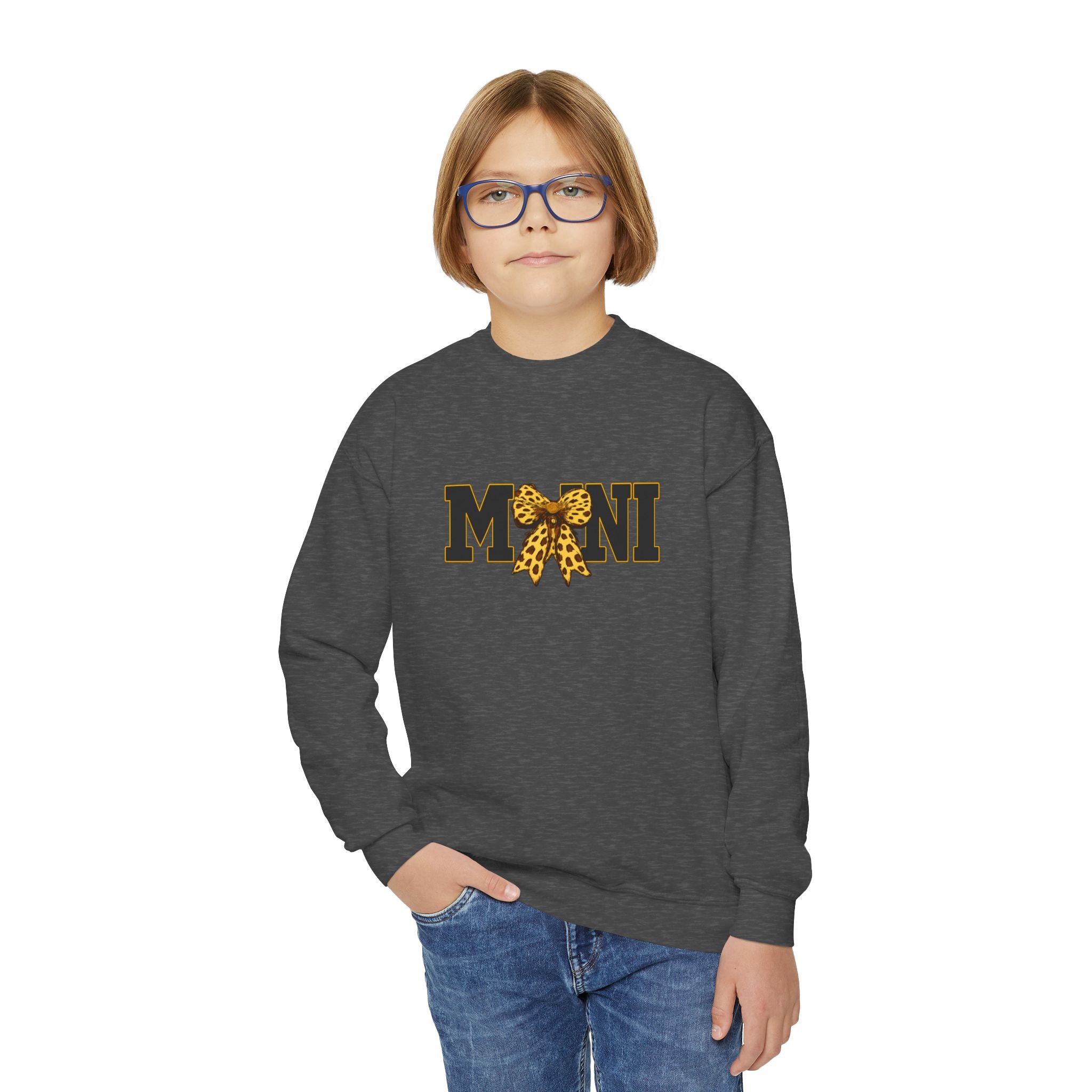 Youth 'Mini' Crewneck Sweatshirt — Leopard Bow Graphic