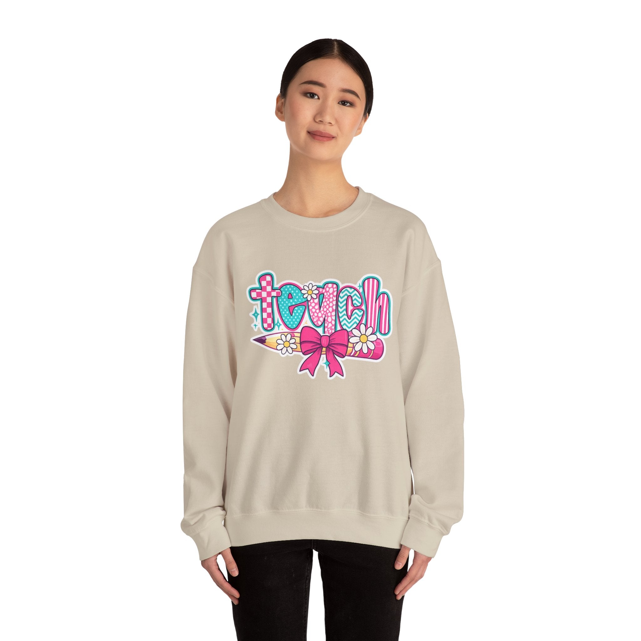 Teacher Pencil Crewneck Sweatshirt — "Teach" Floral School Spirit Pullover