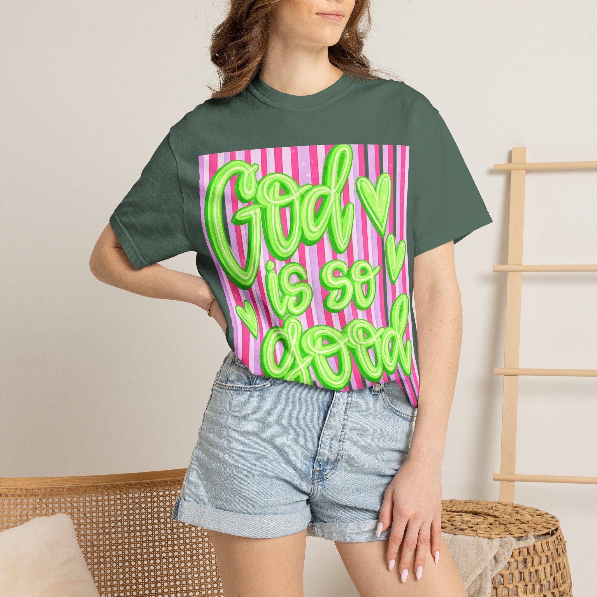 God Is So Good T-Shirt — Neon Green Script on Pink Stripe Christian Tee