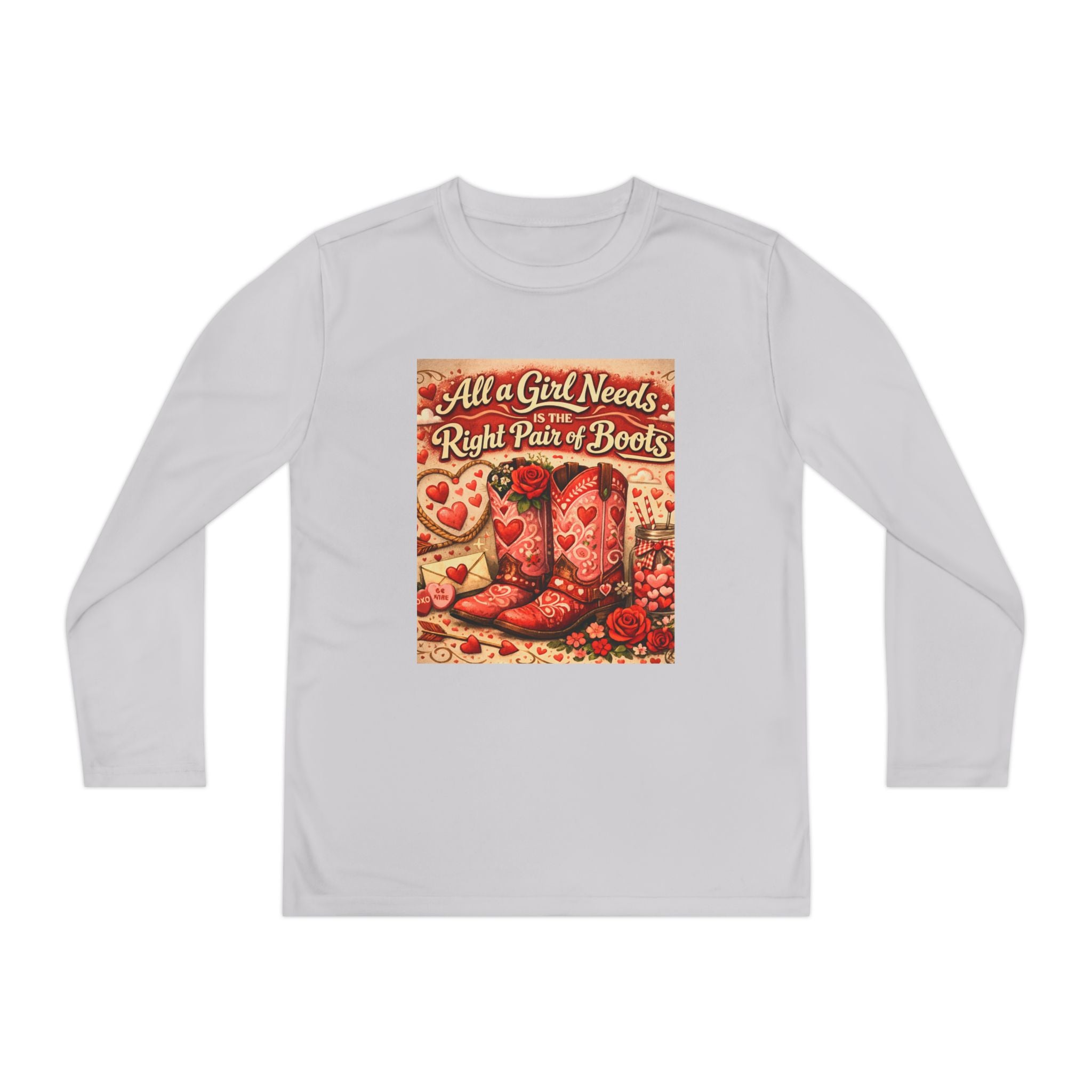 Youth Long Sleeve Tee — "All a Girl Needs is the Right Pair of Boots" Western Graphic