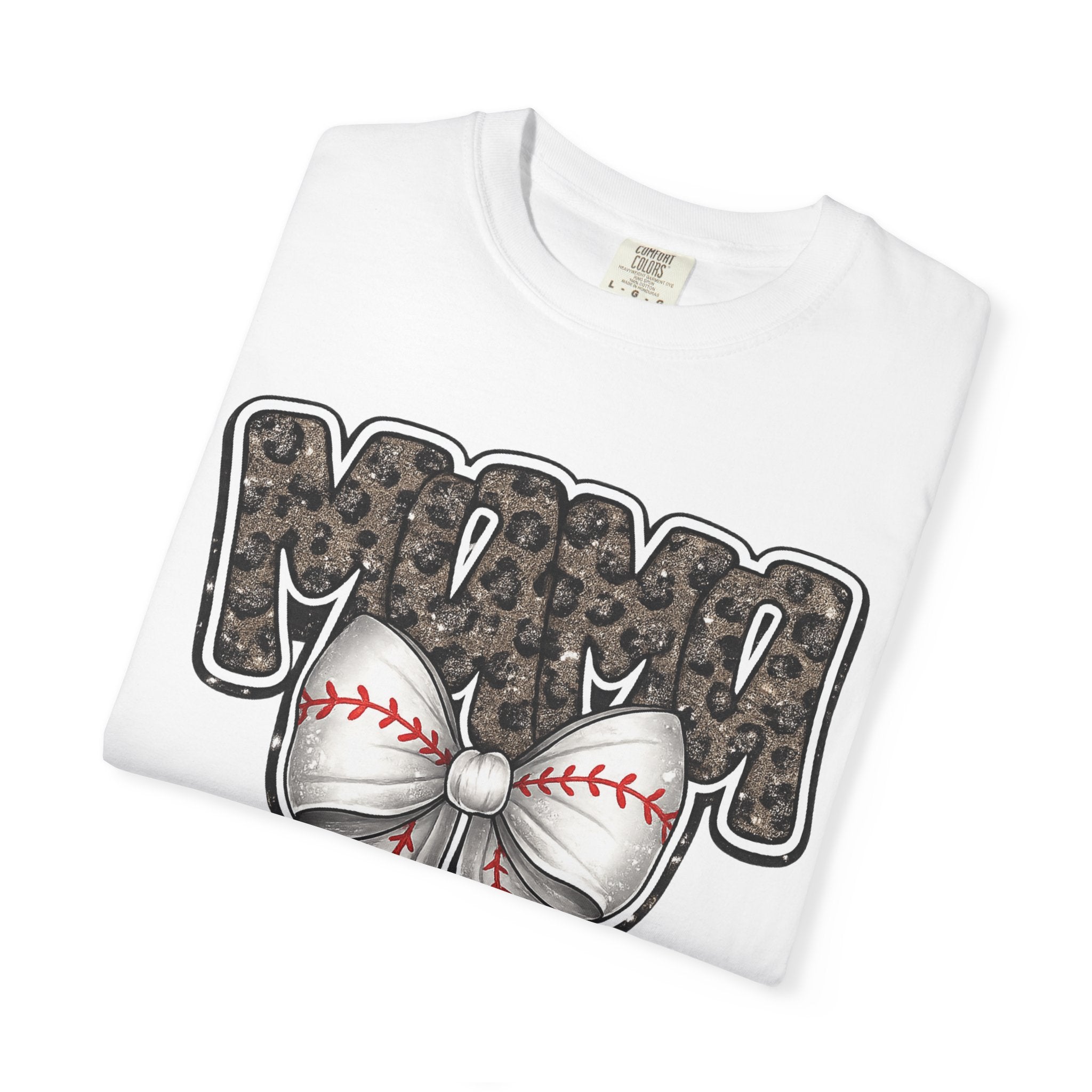 Baseball Mom T-Shirt — Camo Lettering with Baseball Bow