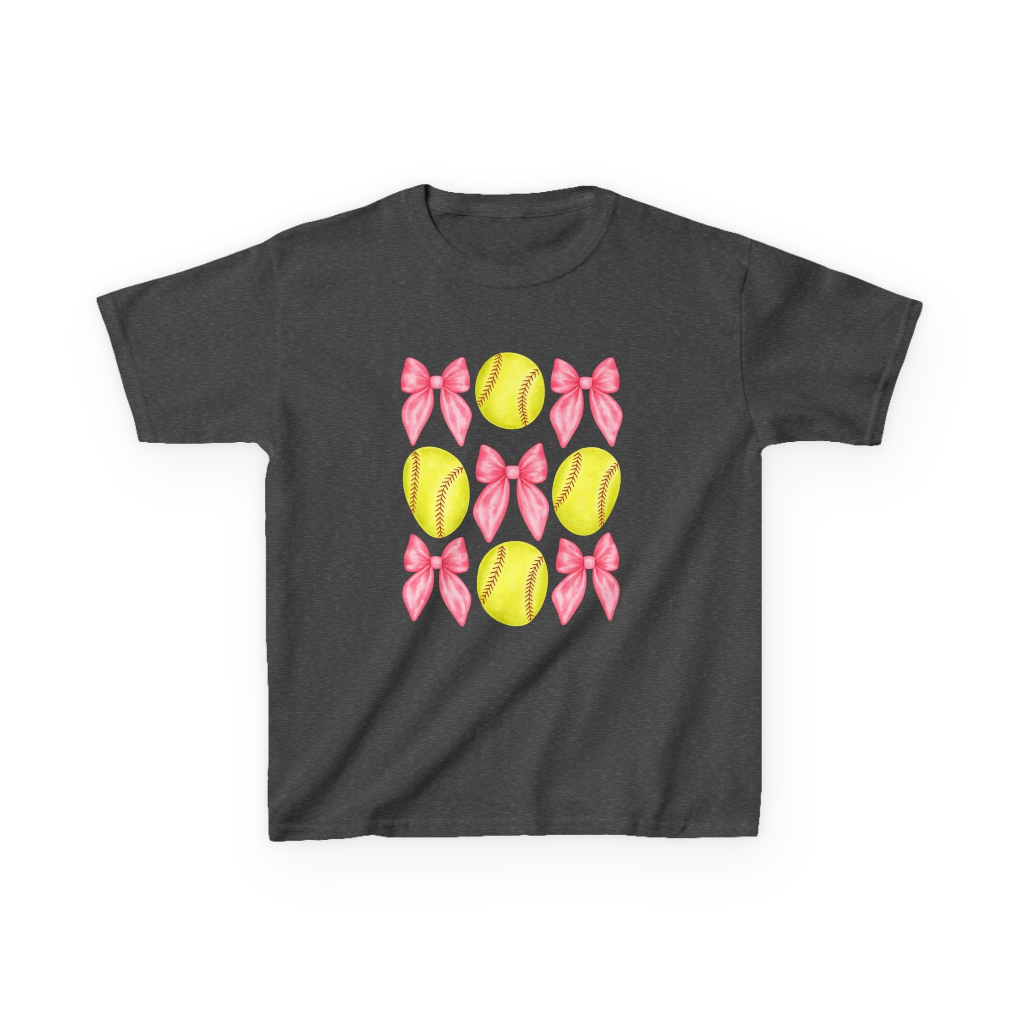 Girls Softball & Bows Kids Tee — Pink Bow Softball Pattern Shirt