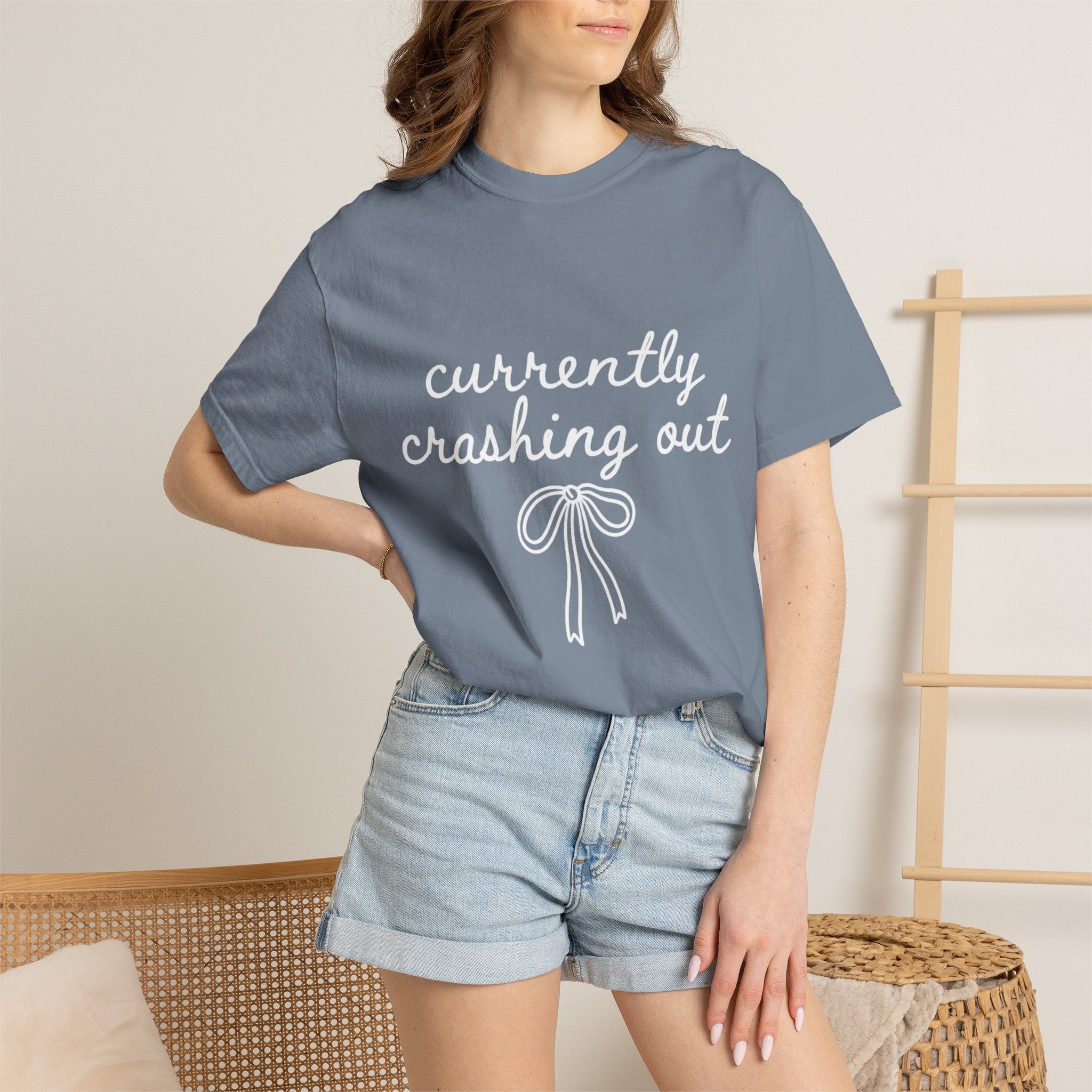 White Garment-Dyed T-Shirt — Minimal Ribbon Graphic Tee