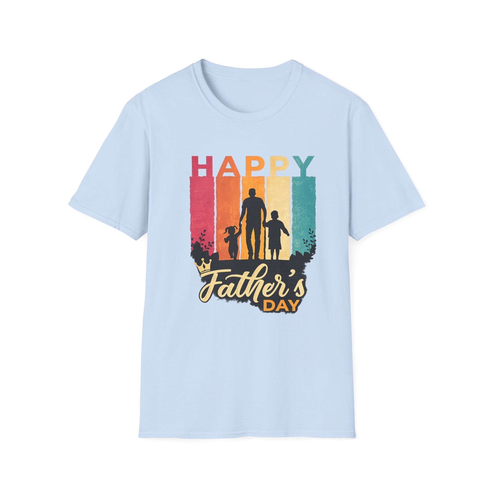 Happy Father's Day T-Shirt — Silhouette Dad with Kids Retro Stripes