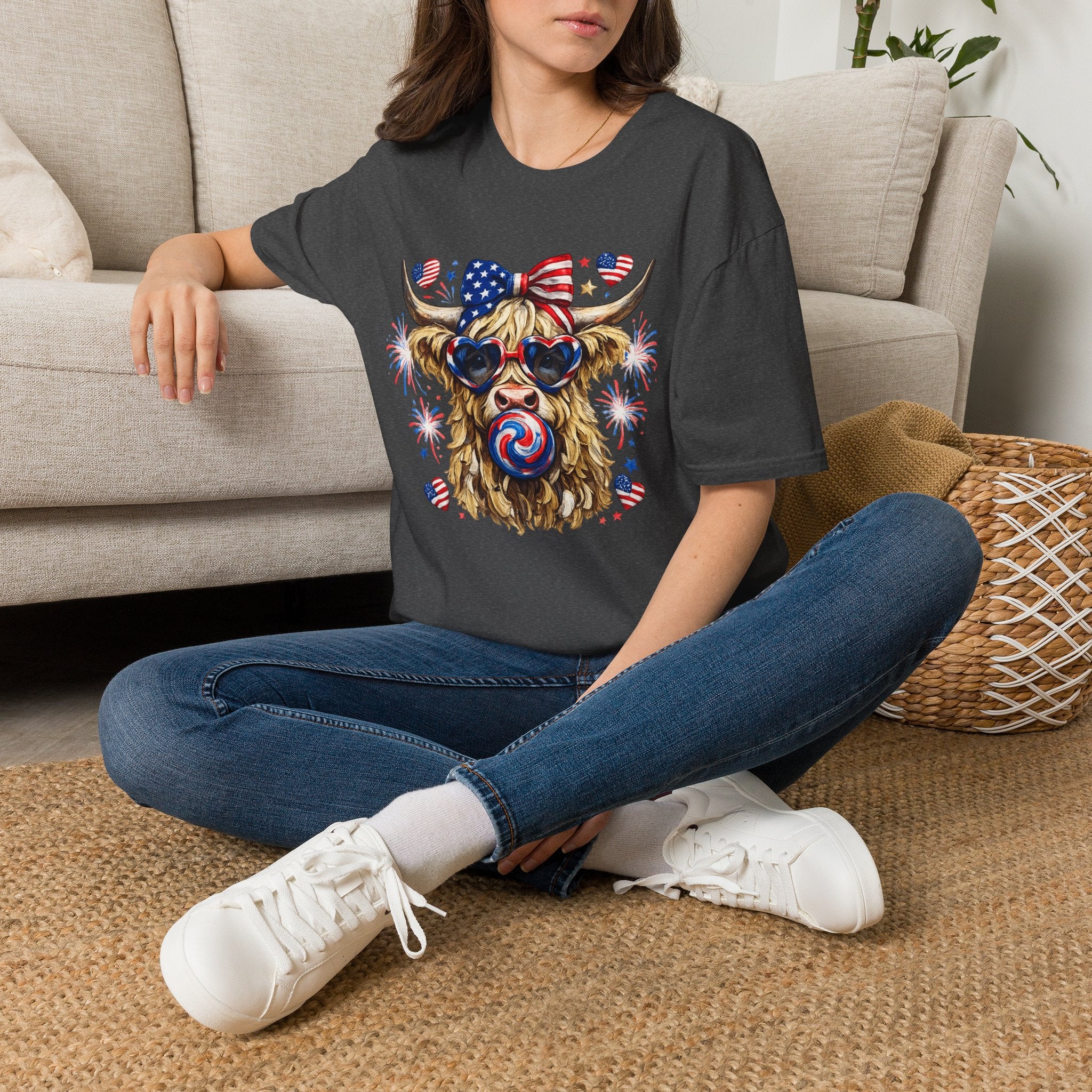 Patriotic Highland Cow T-Shirt — 4th of July American Flag Cow Tee