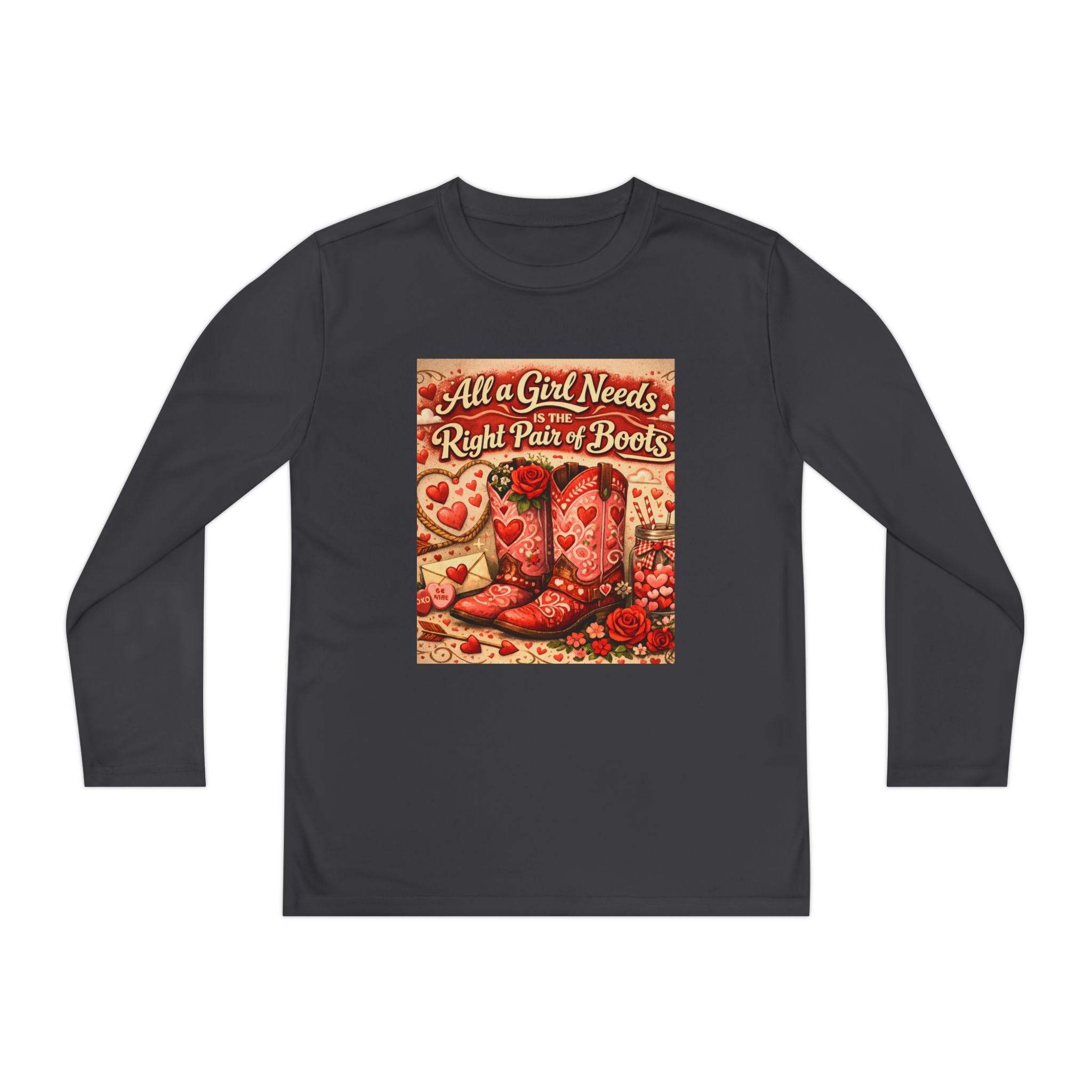 Youth Long Sleeve Tee — "All a Girl Needs is the Right Pair of Boots" Western Graphic