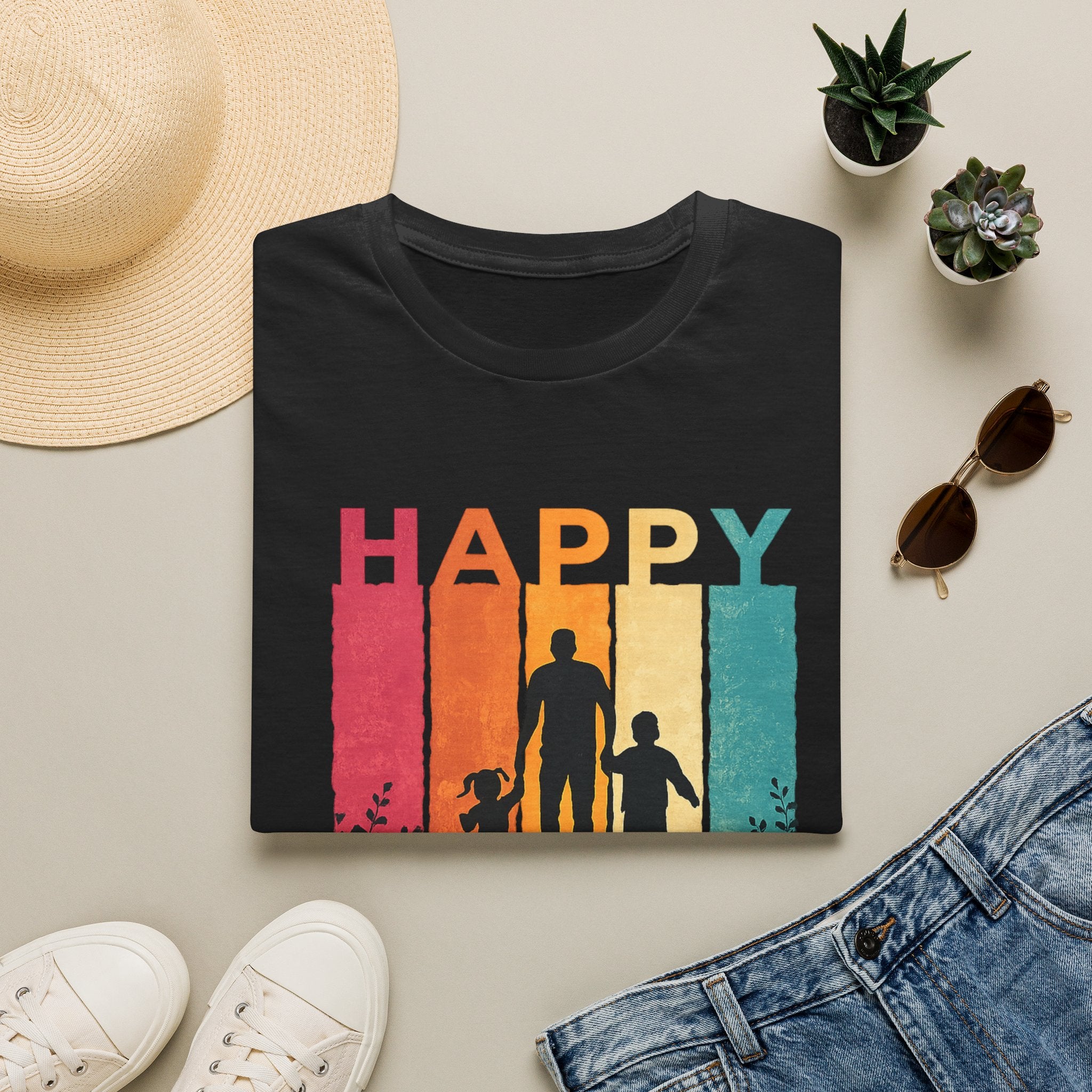 Happy Father's Day T-Shirt — Silhouette Dad with Kids Retro Stripes